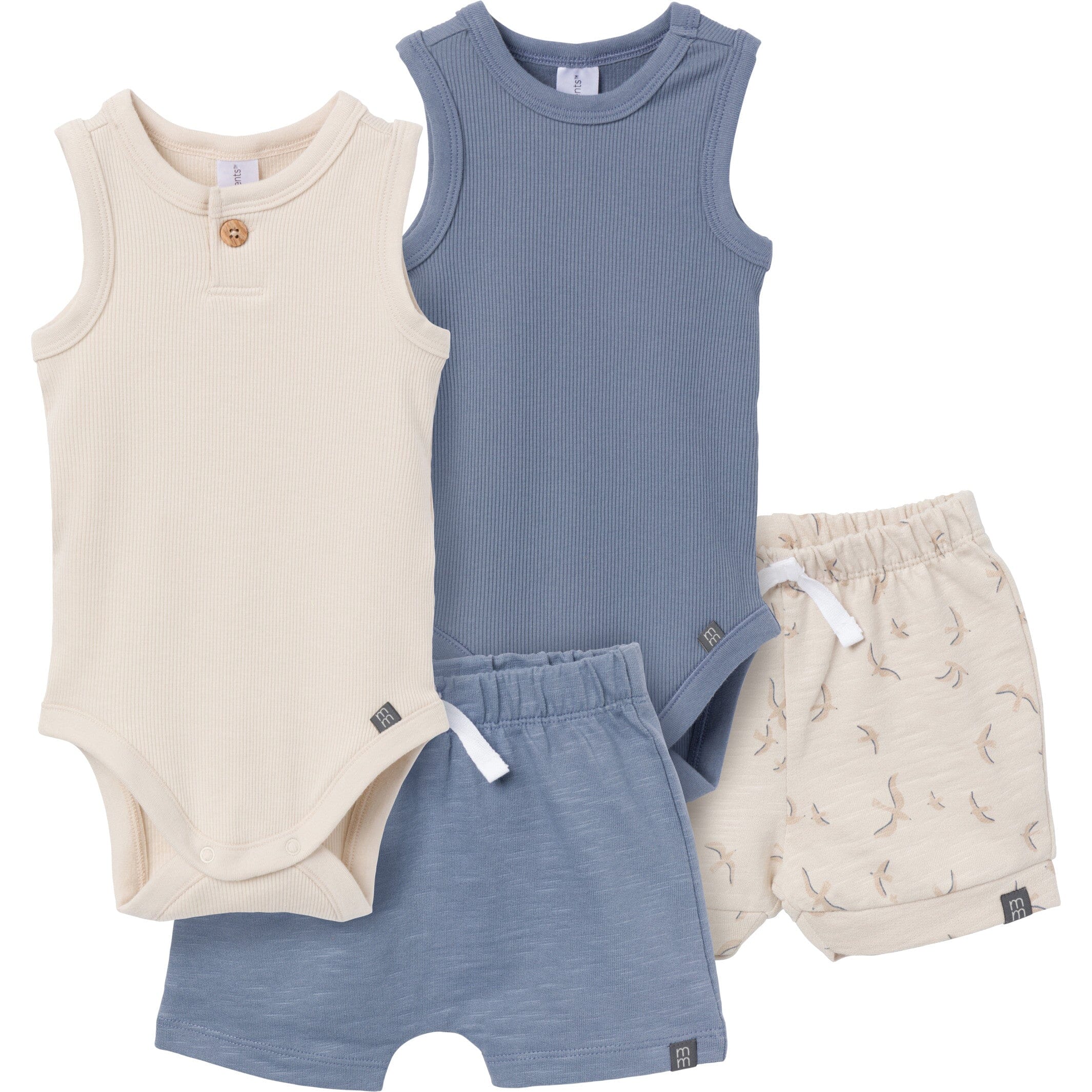 4-Piece Baby Boys Tan & Blue Bodysuits and Shorts Set