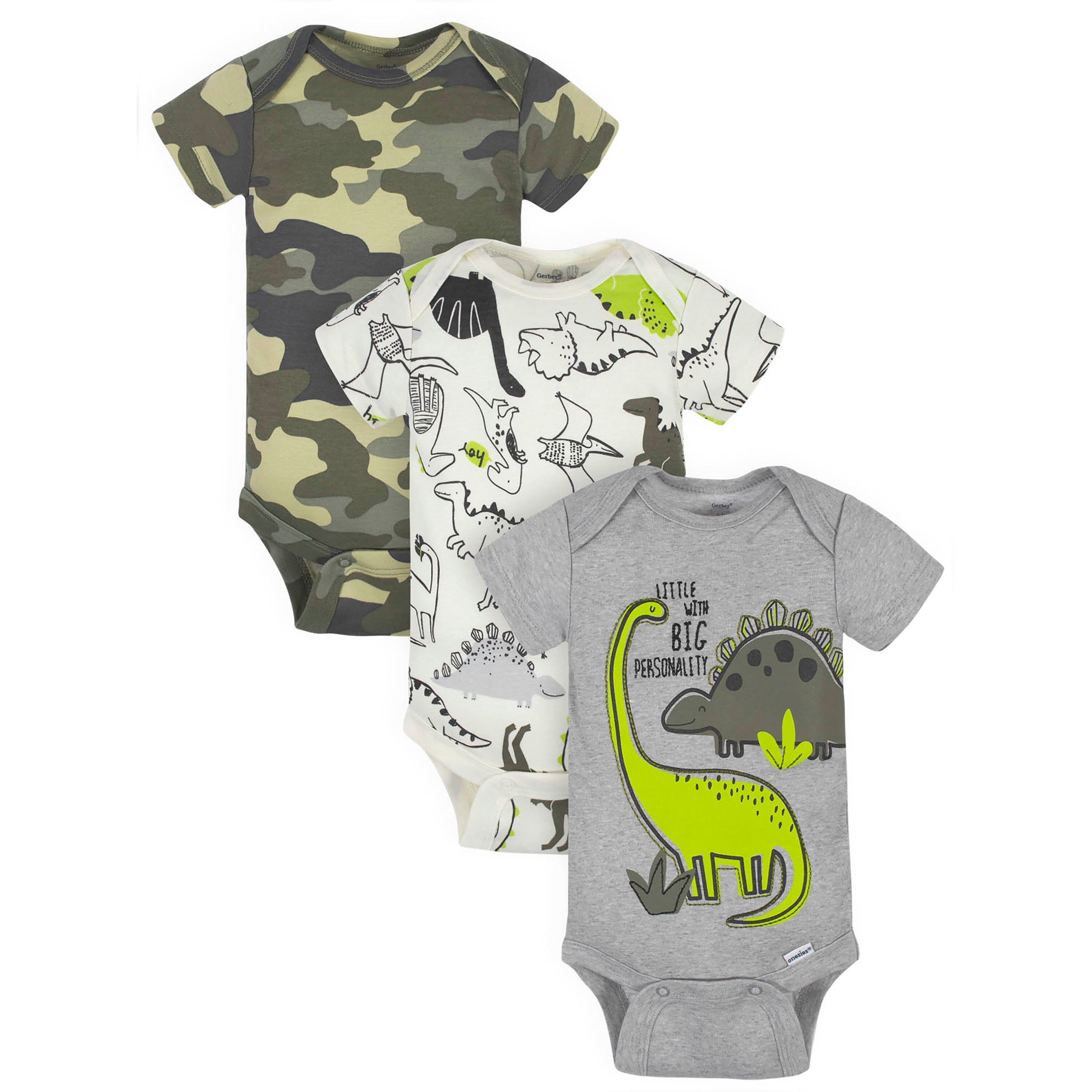 3-Pack Baby Boys Camo Dinosaur Short Sleeve Onesies Bodysuits