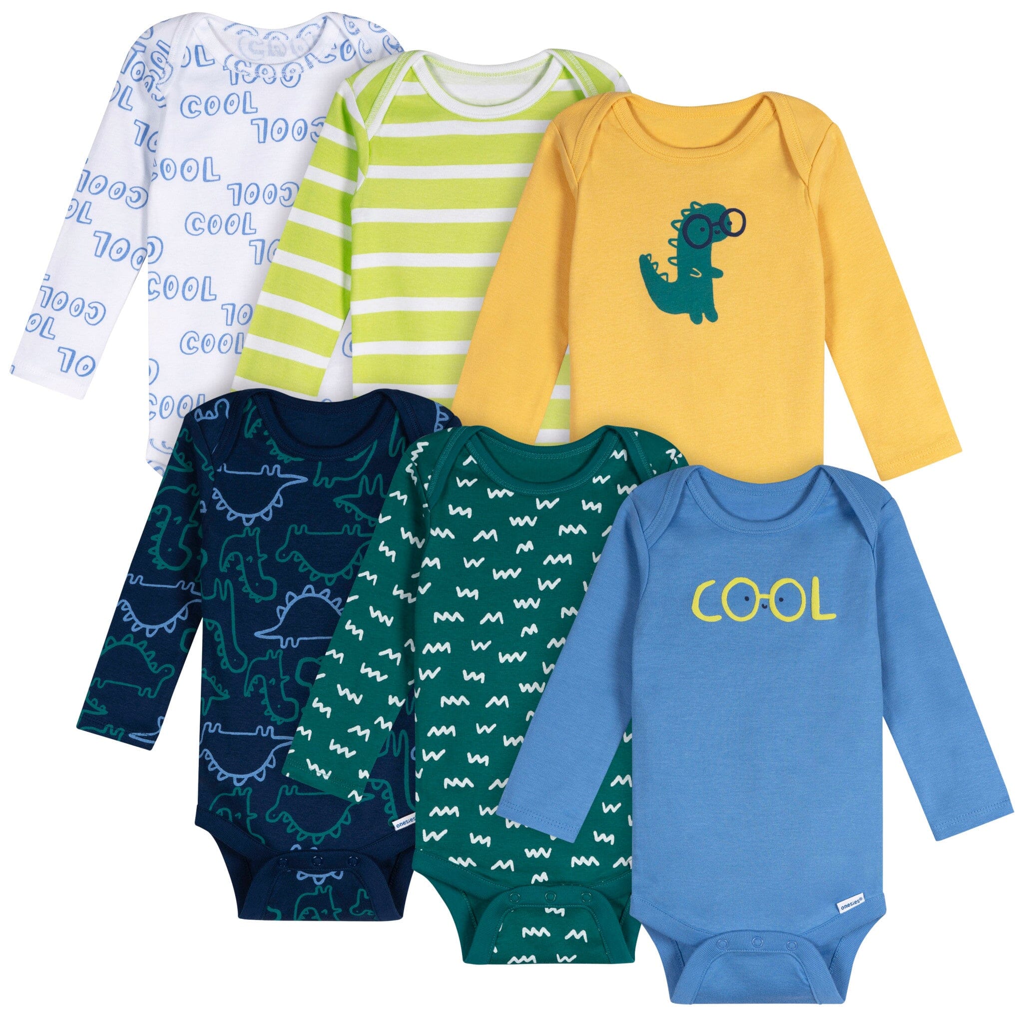 6-Pack Baby Boys Dinos Long Sleeve Onesies Bodysuits