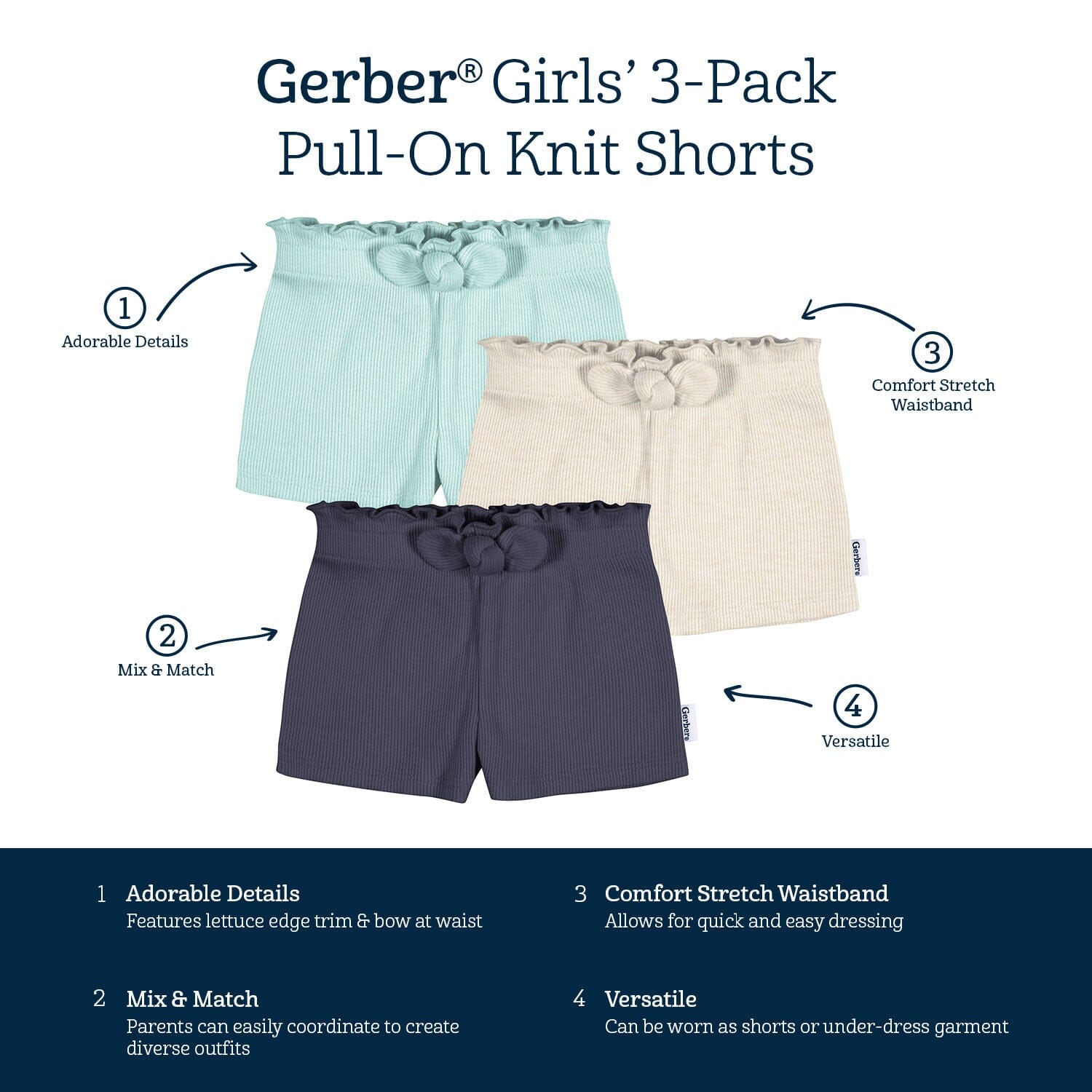 3-Pack Baby & Toddler Girls Aqua, Oatmeal, & Navy Pull-On Knit Shorts