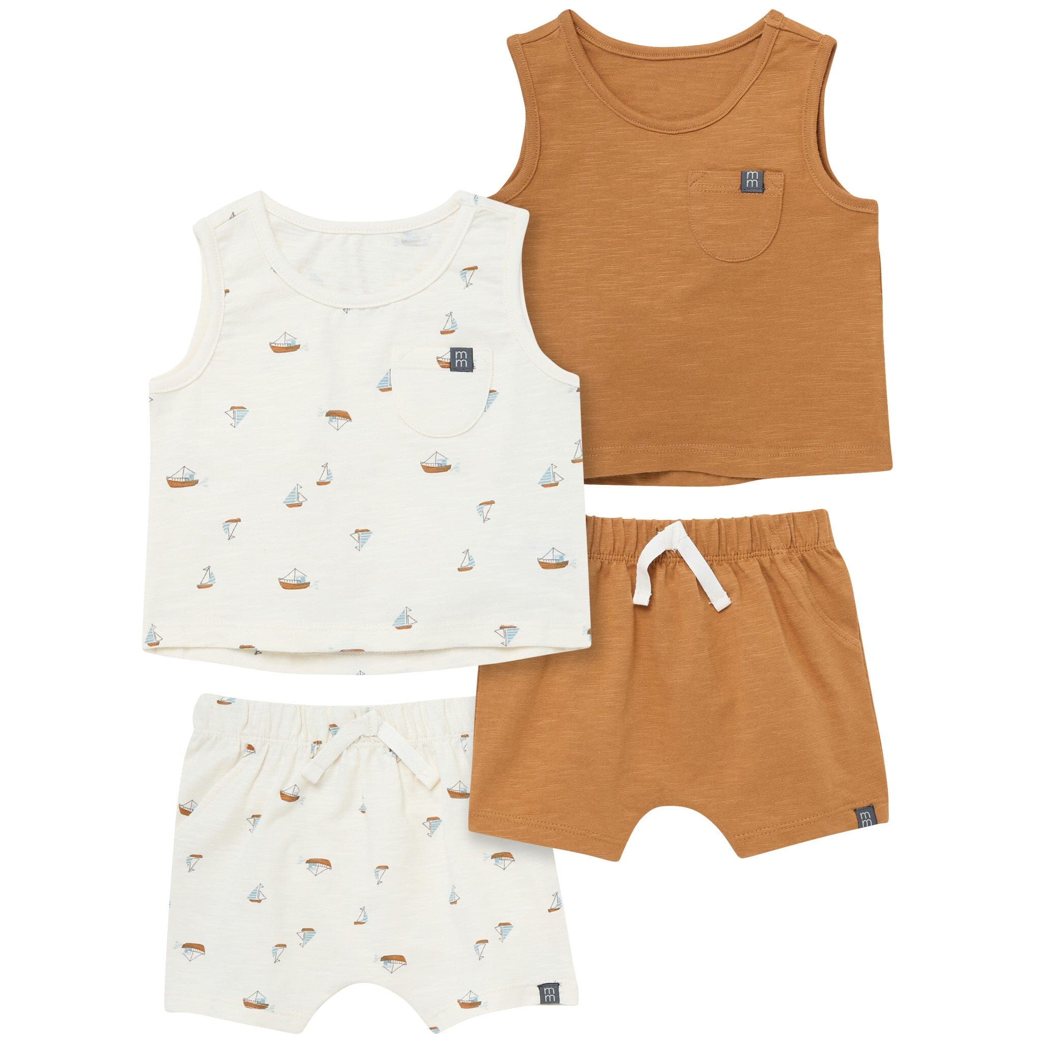 4-Piece Baby Boys Ivory Sailboats/Medium Brown Sleeveless Shirt and Shorts Set