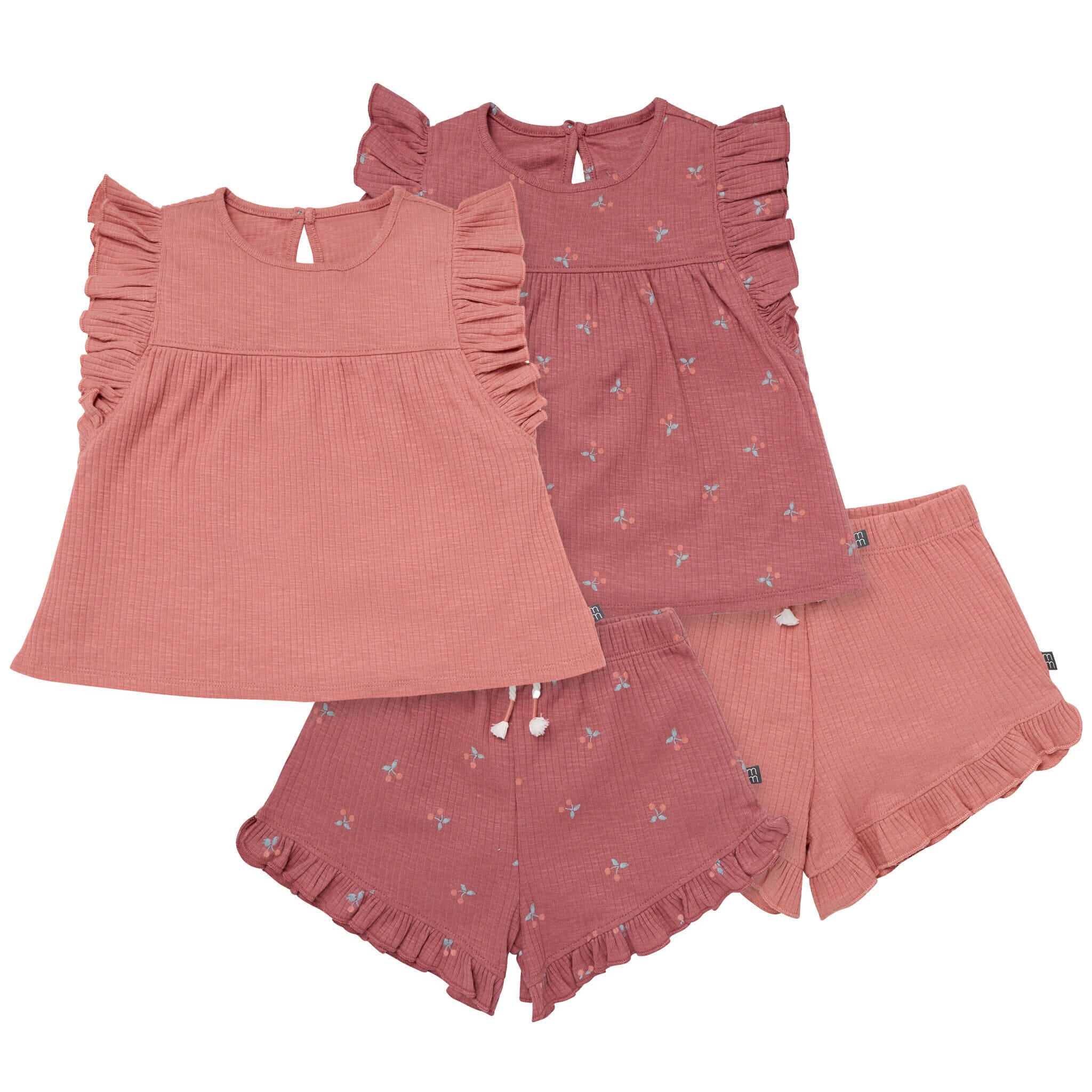 4-Piece Infant & Toddler Girls Dark Rose Cherries Flutter Sleeve Top and Shorts Set