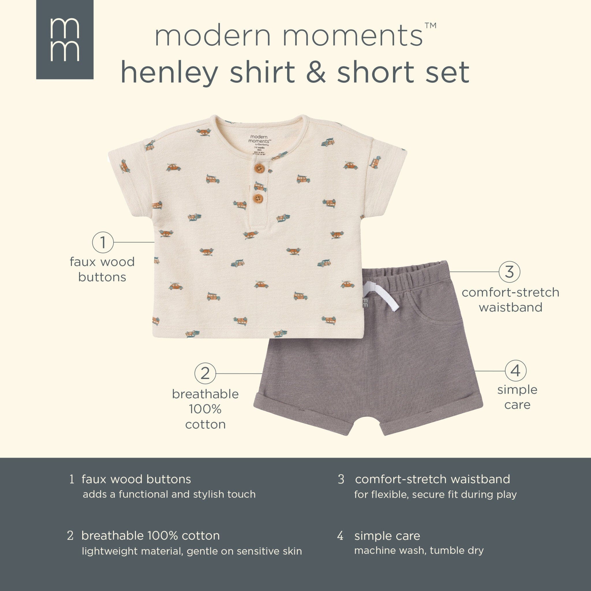 2-Piece Baby Boys Beige Beach Buggys Henley Shirt and Shorts Set