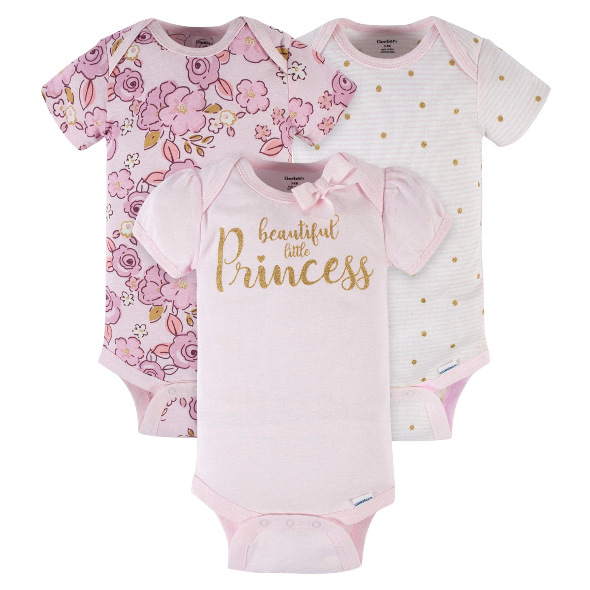 3-Pack Baby Girls Floral Princess Short Sleeve Onesies Bodysuits