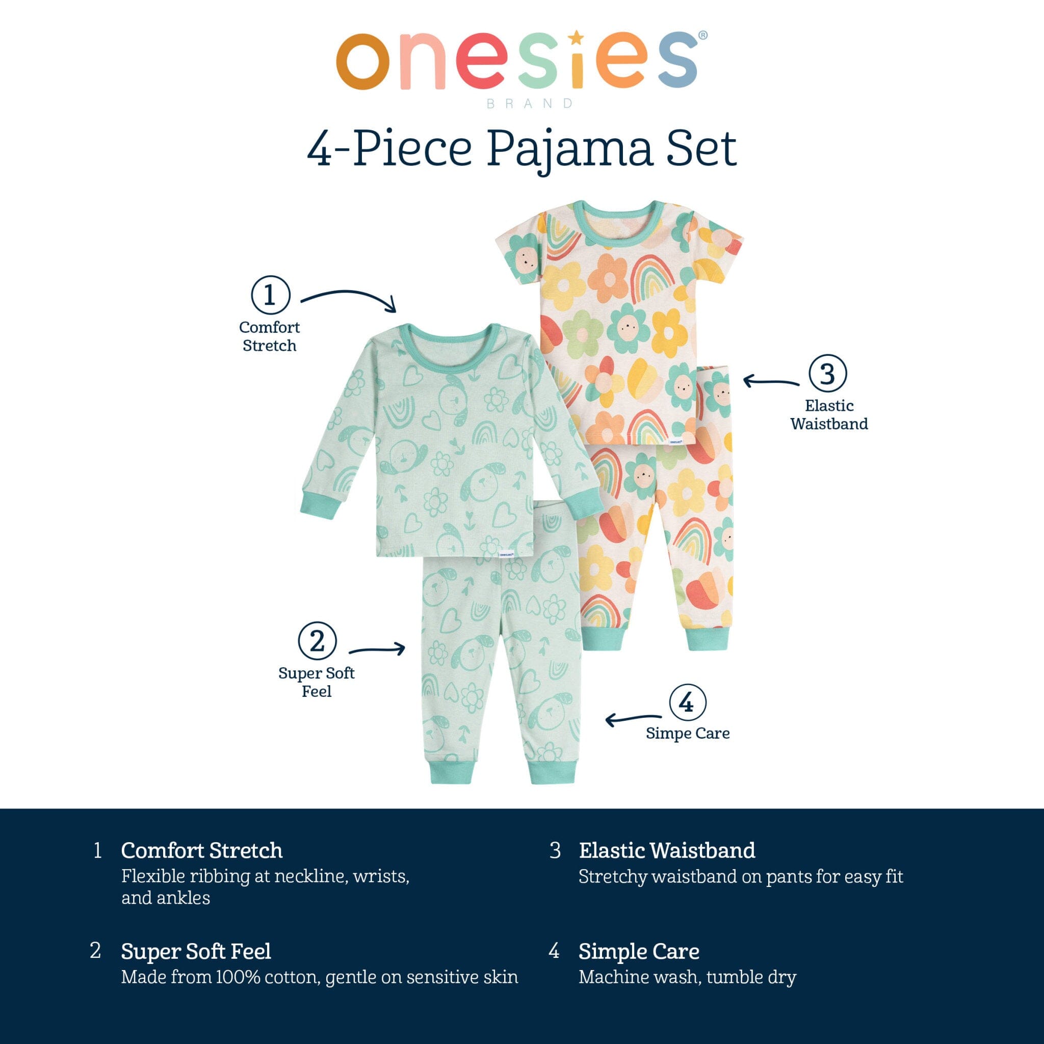 4-Piece Baby Girls Flowers Pajamas Sets