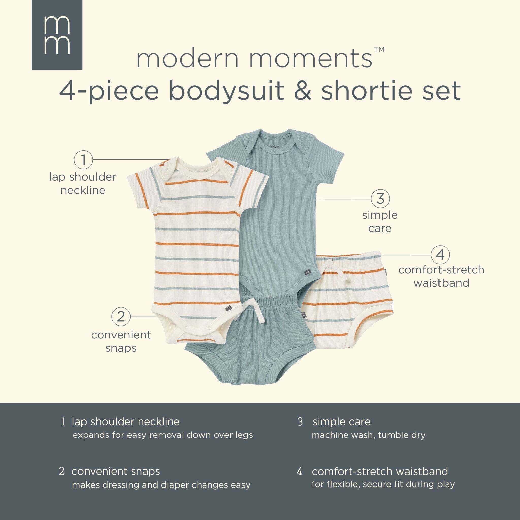 4-Pack Baby Boys Ivory Stripe Short Sleeve Bodysuits and Shorts Set