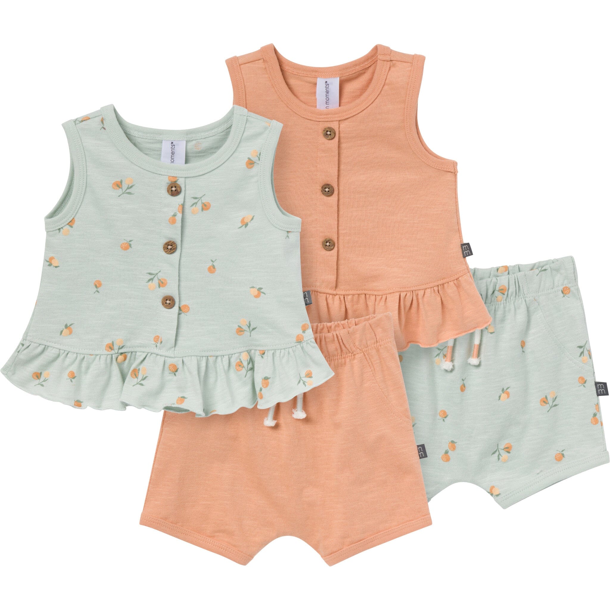 4-Piece Baby Girls Light Sky Oranges Sleeveless Peplum Tops and Shorts Set