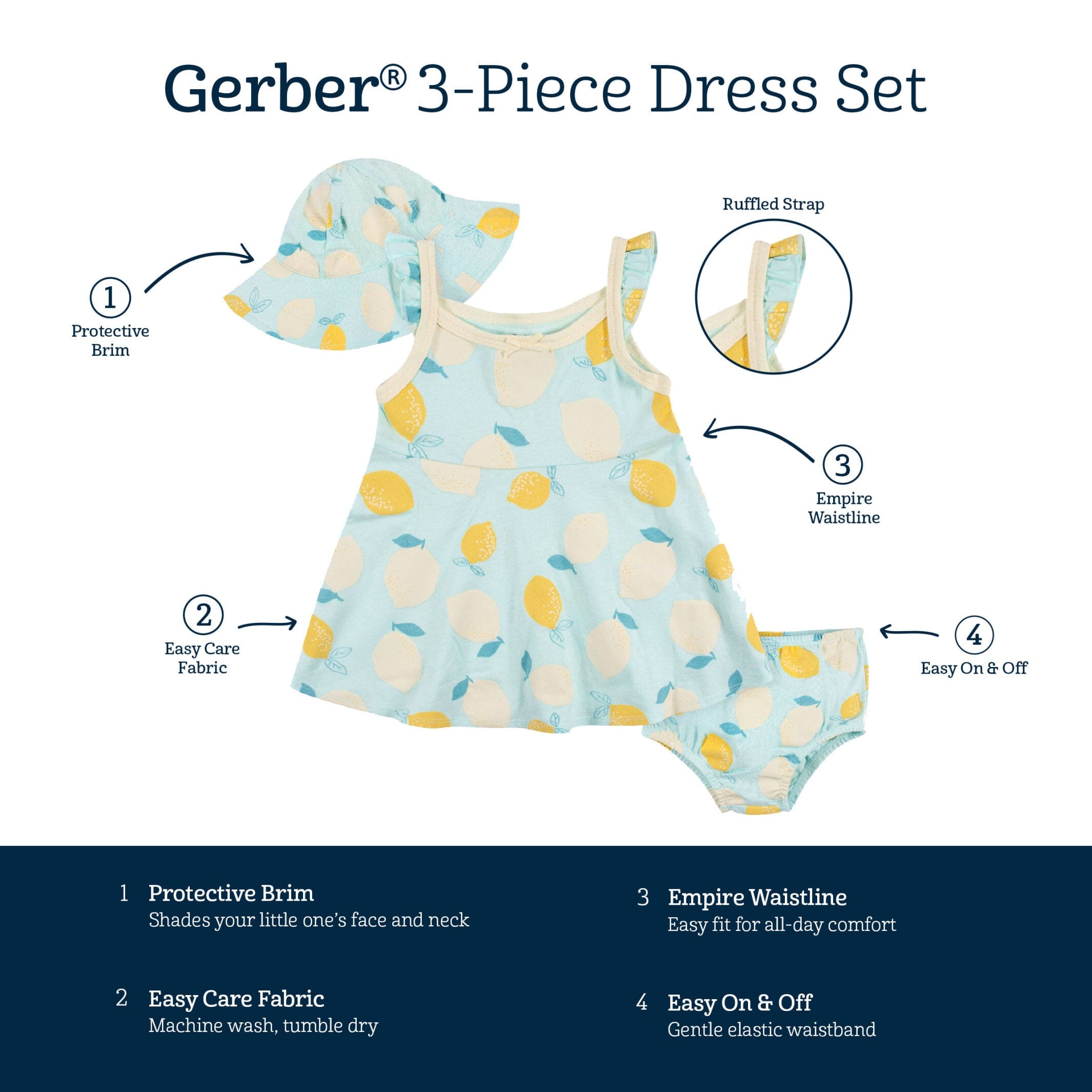 3-Piece Baby & Toddler Girls Little Lemon Dress, Diaper Cover & Reversible Sun Hat Set