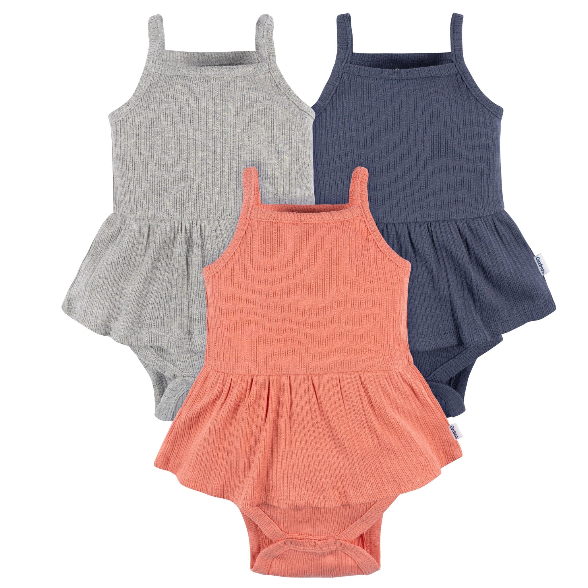 3-Pack Baby Girls Coral, Gray, & Navy Sleeveless Skirted Onesies Bodysuits