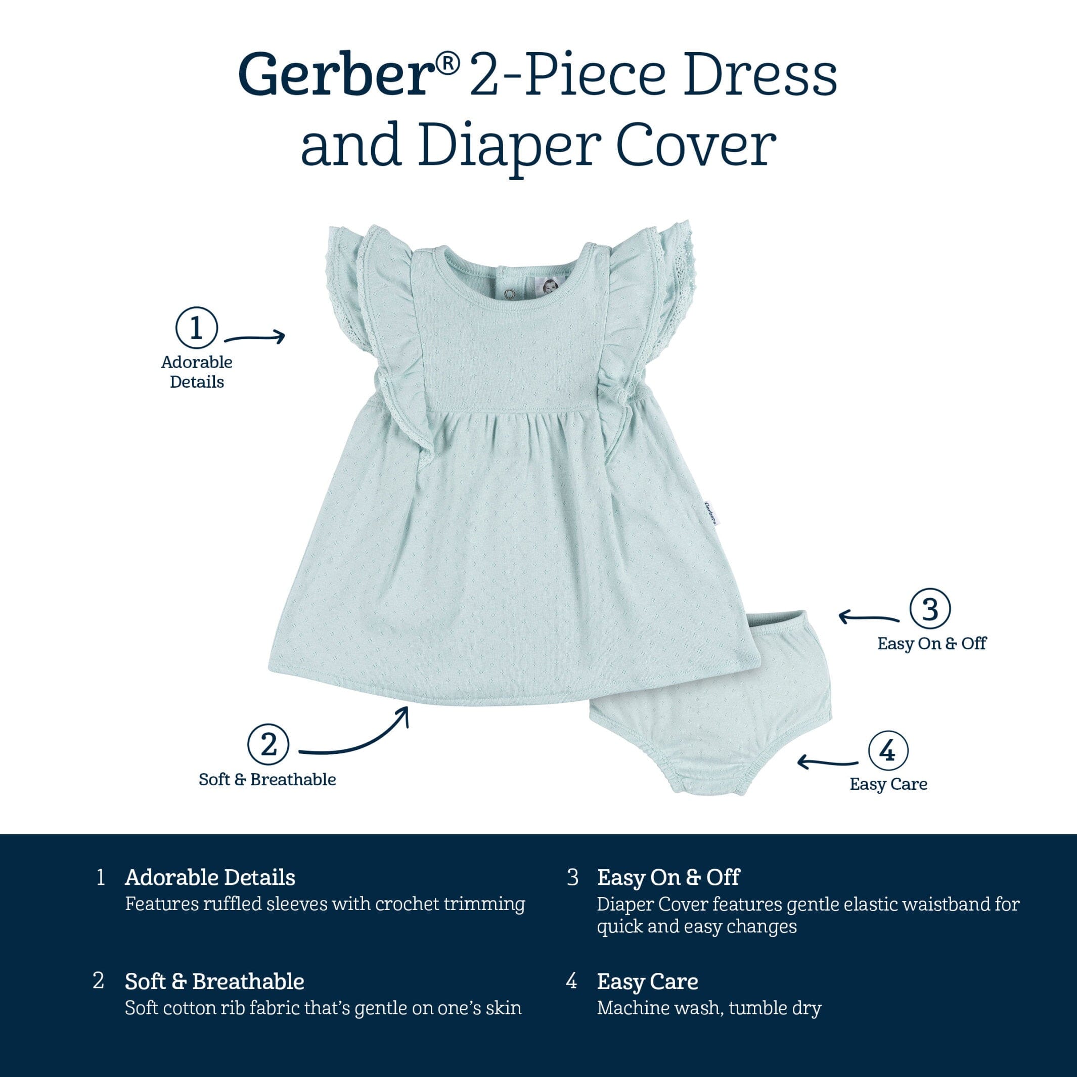 2-Piece Baby Girls Aqua Blue Dress & Diaper Cover Set