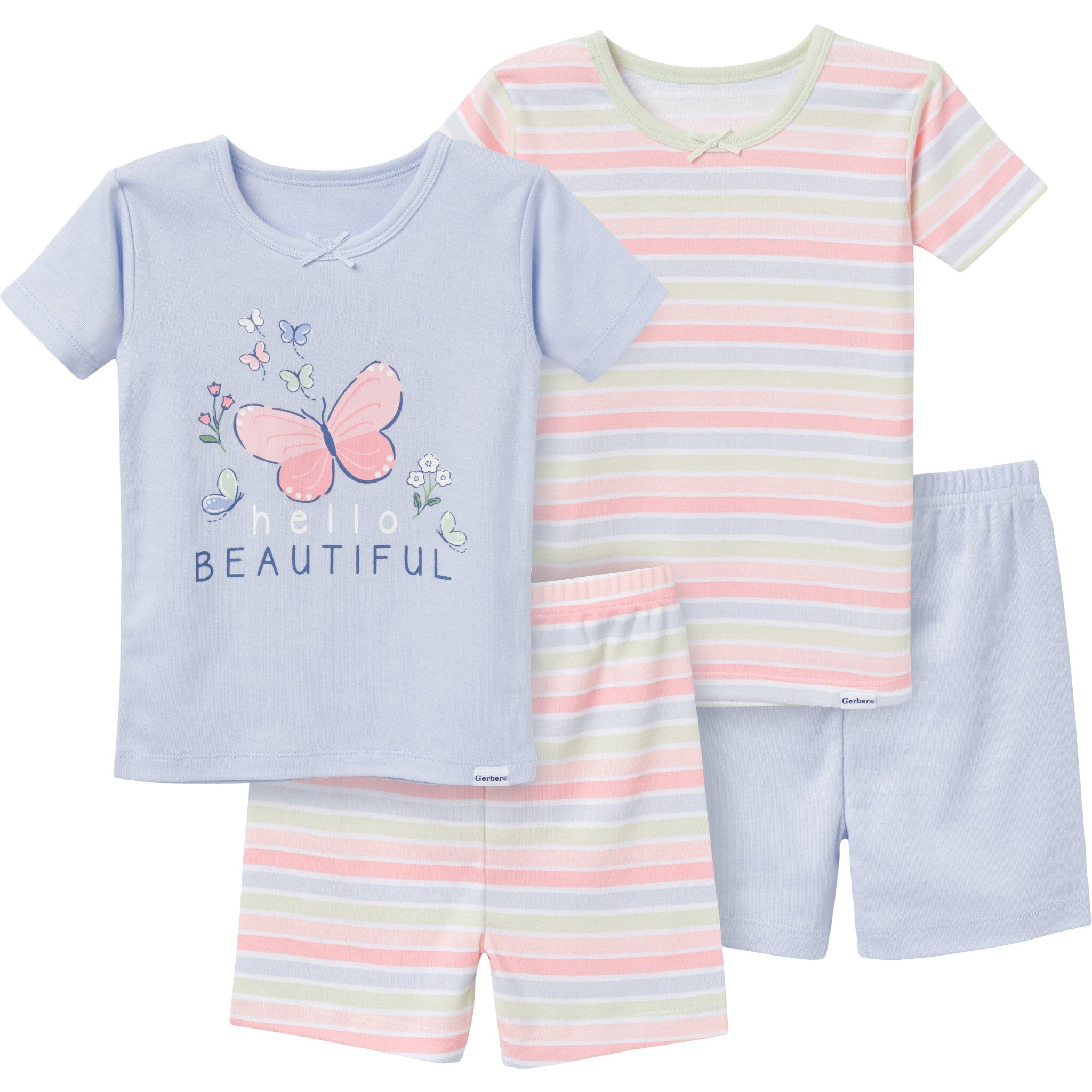 4-Piece Infant & Toddler Girls Butterfly Stripe Top and Shorts Pajama Set