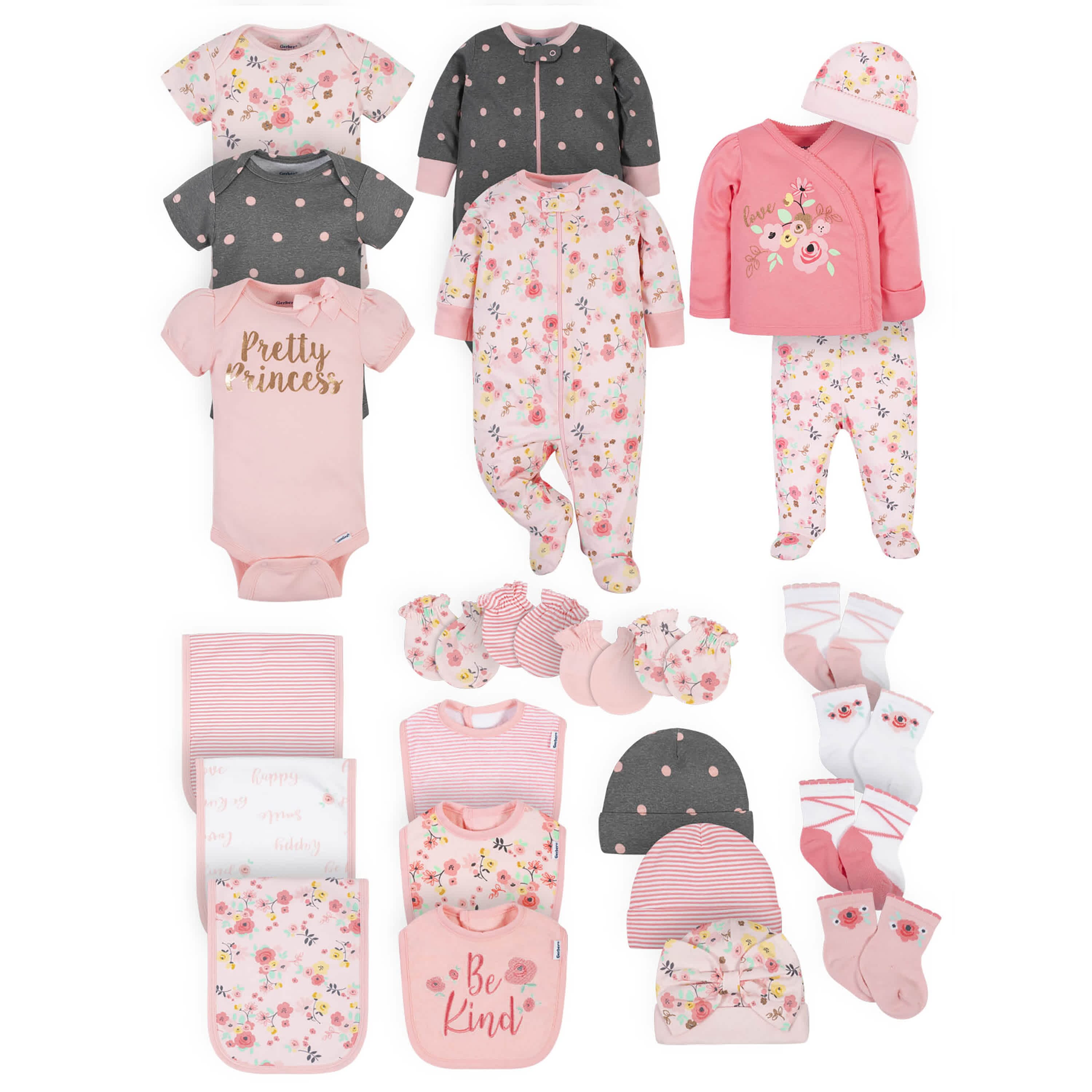 25-Piece Baby Girls Love You Onesies Bodysuit, Sleep 'N Play, Take-Me-Home Set, Bib, Burp Cloth, Socks, Caps and Mittens Set