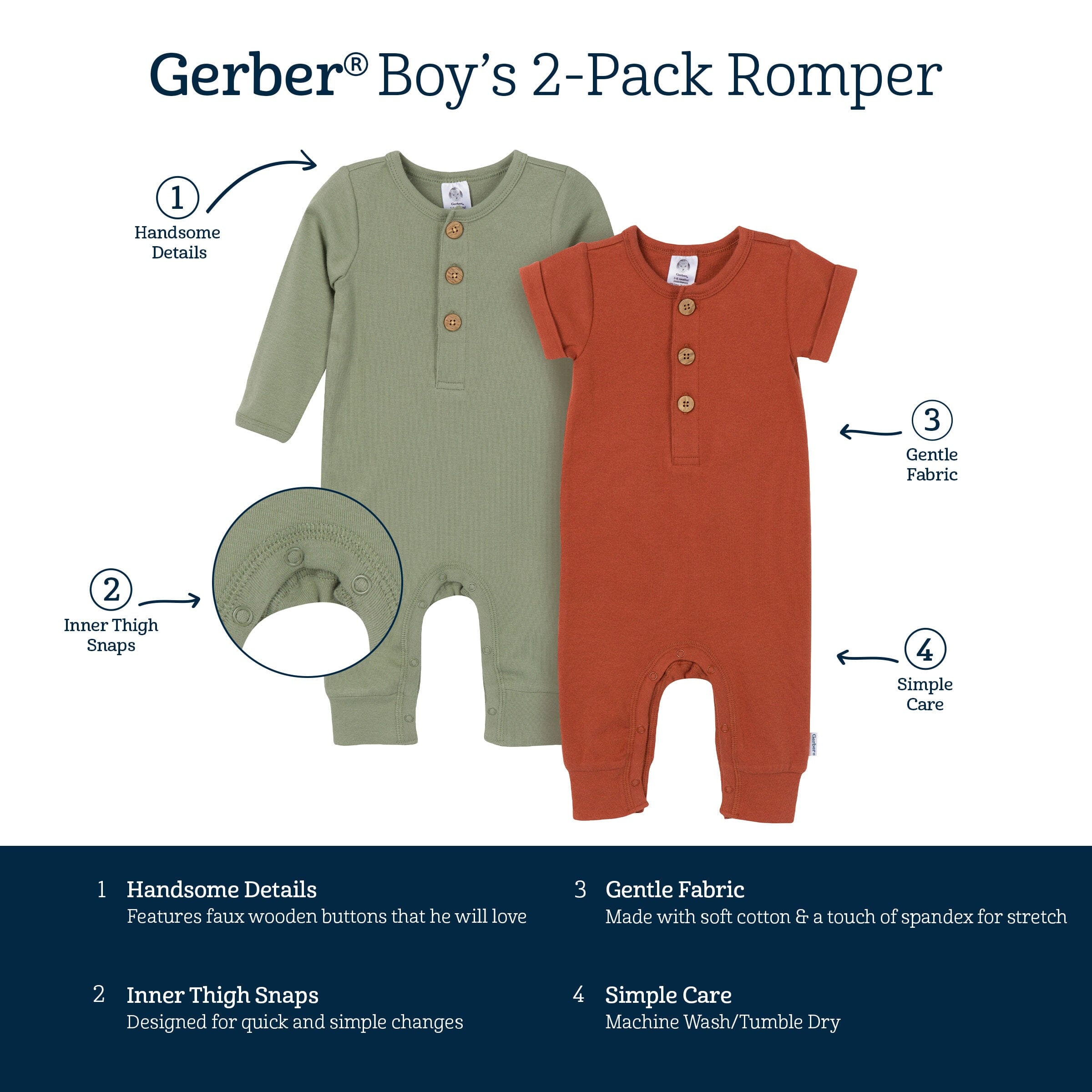 2-Pack Baby Boys Rust & Olive Rompers