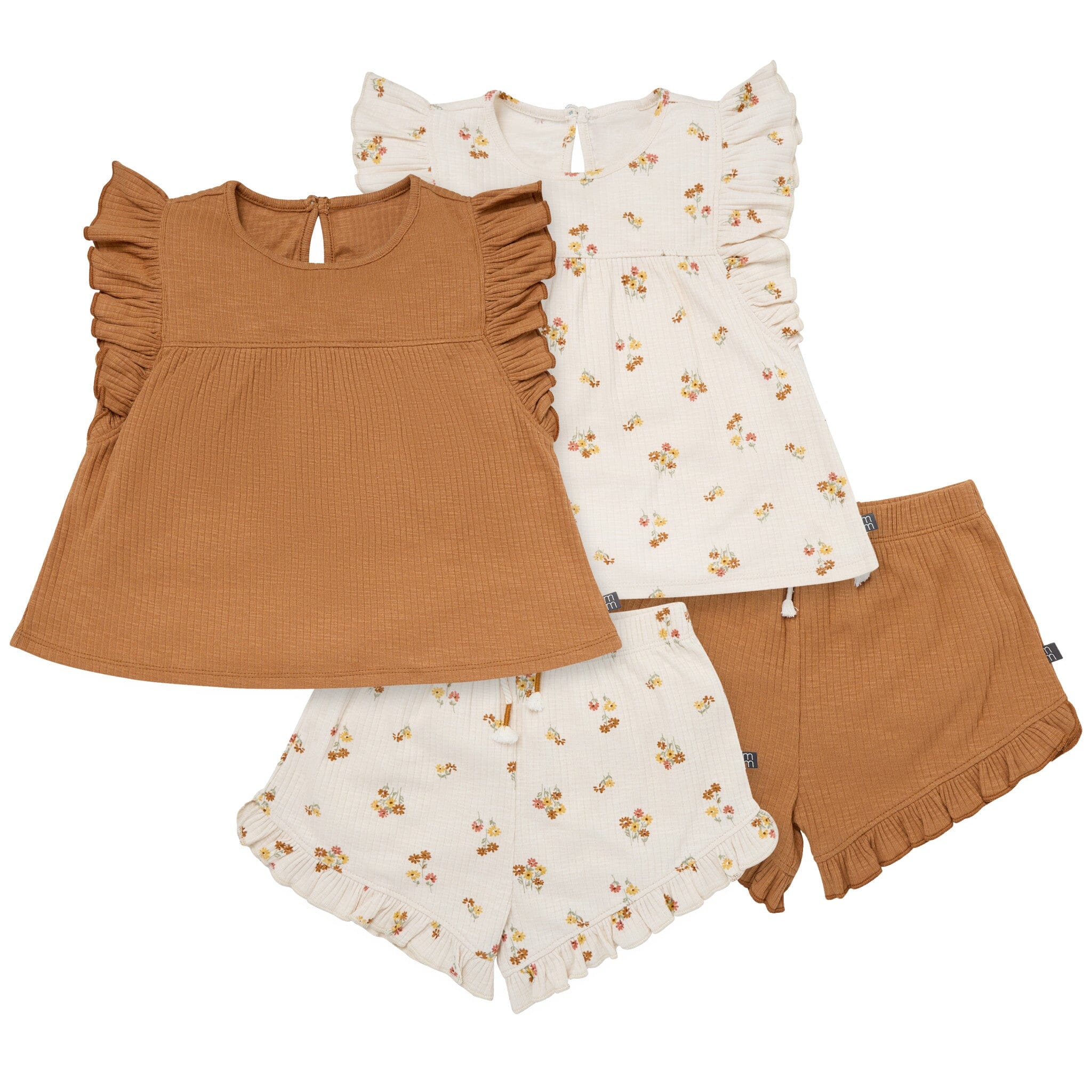 4-Piece Infant & Toddler Girls Beige Flowers Flutter Sleeve Top and Shorts Set