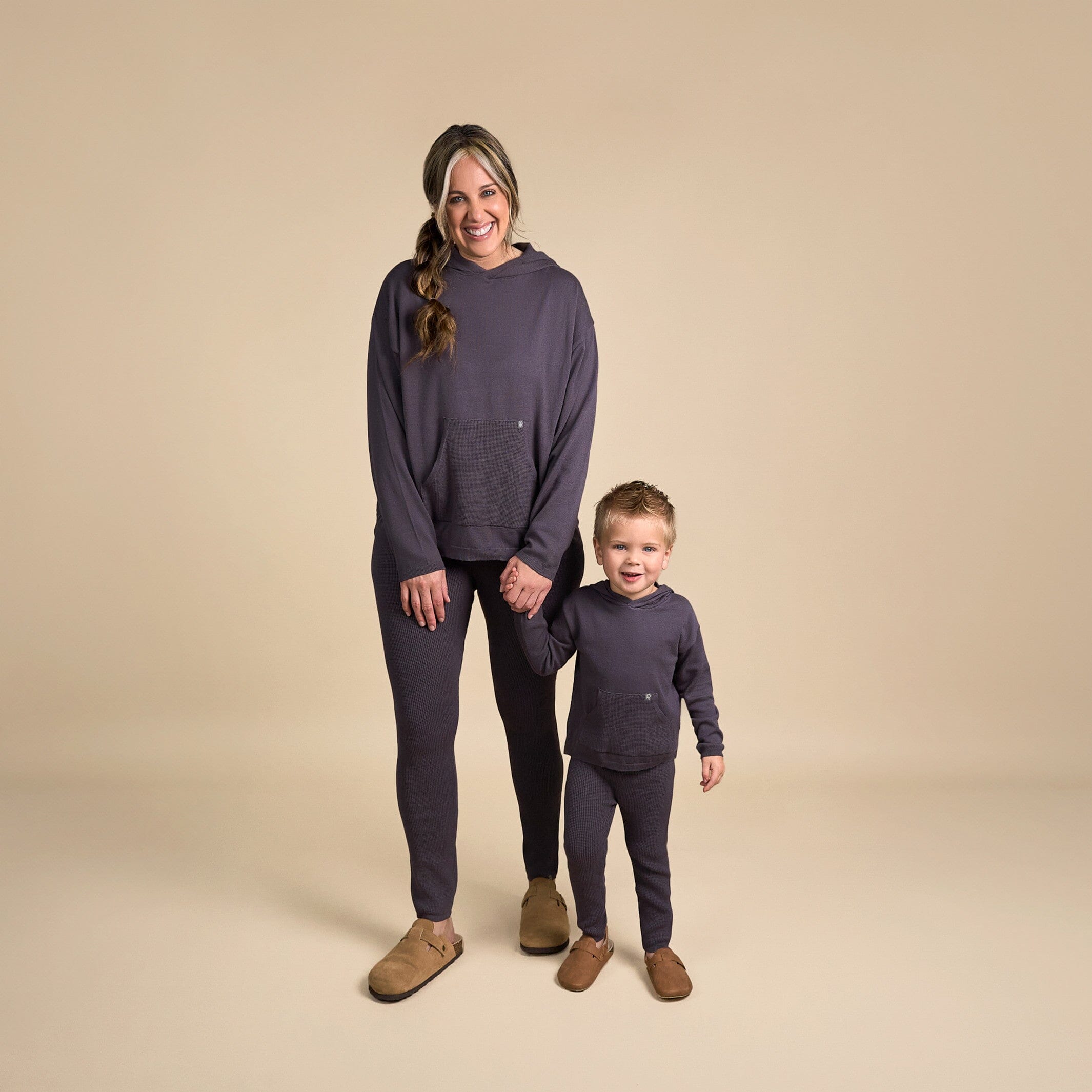 Mommy & Me 2-Piece Dark Grey Hooded Waffle Top & Legging Bundle