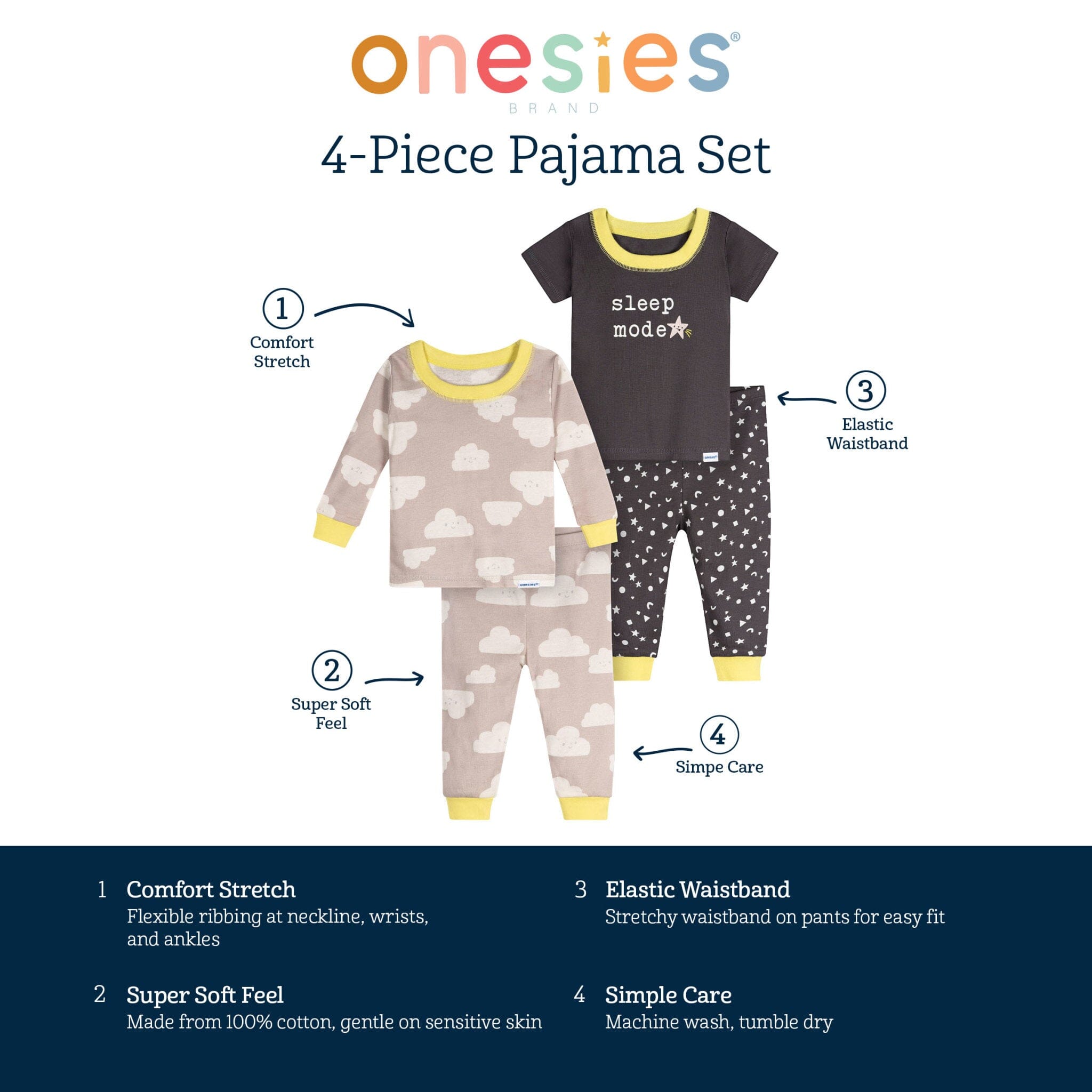 4-Piece Baby Neutral Clouds Pajamas Sets