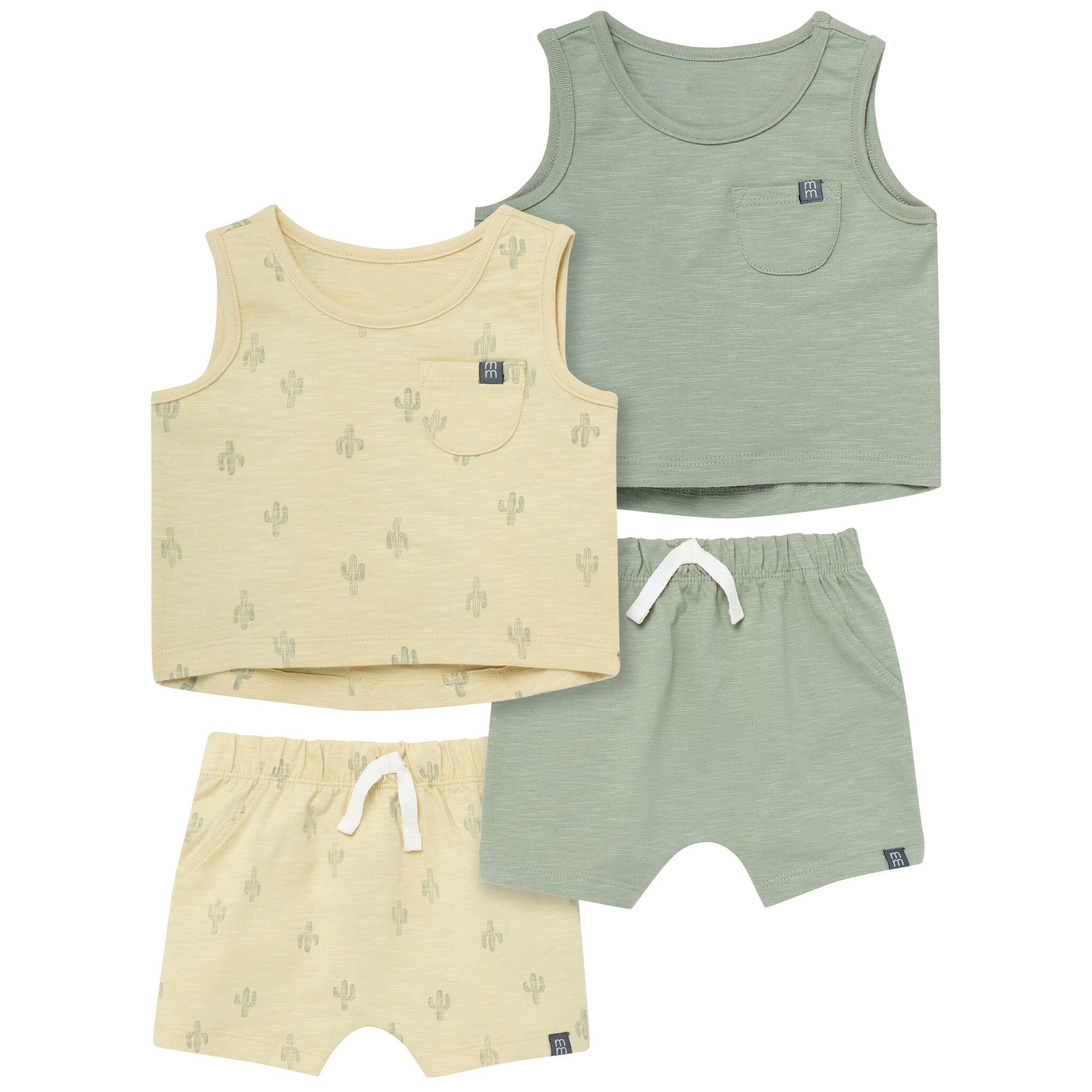 4-Piece Baby Boys Dusty Yellow Cactus/Medium Green Sleeveless Shirt and Shorts Set