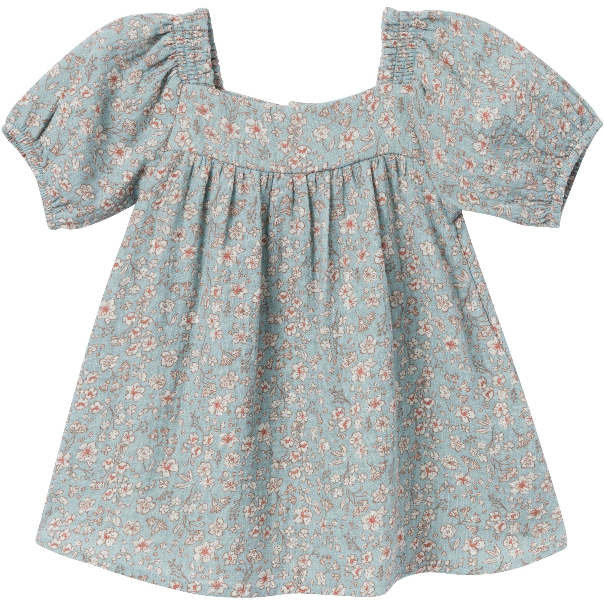 2-Piece Baby Girls Teal Ditsy Puffed Sleeve Dress and Diaper Cover