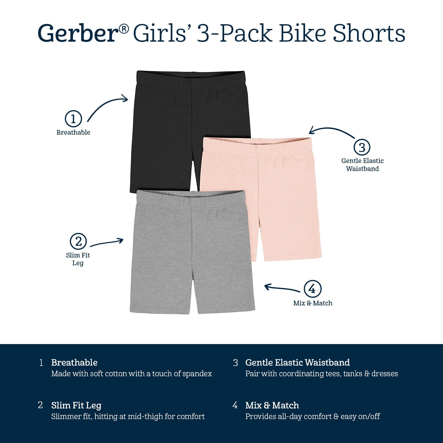 3-Pack Toddler Girls Black, Pink, & Grey Bike Shorts