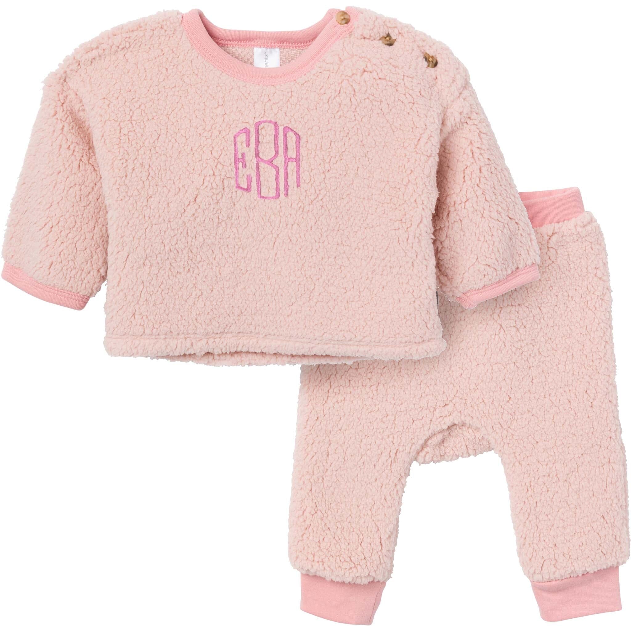 Embroidered 2-Piece Baby Girls Light Pink Sherpa Drop Shoulder Top & Pants