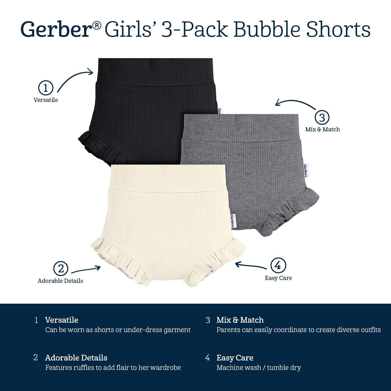 3-Pack Baby Girls Black, Grey Heather, & Ivory Bloomer Shorts