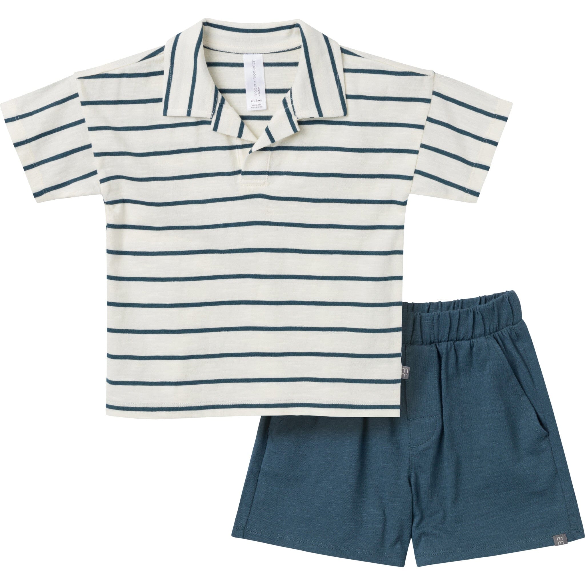 2-Piece Toddler Boys Ivory Stripe Johnny Collar and Shorts Set