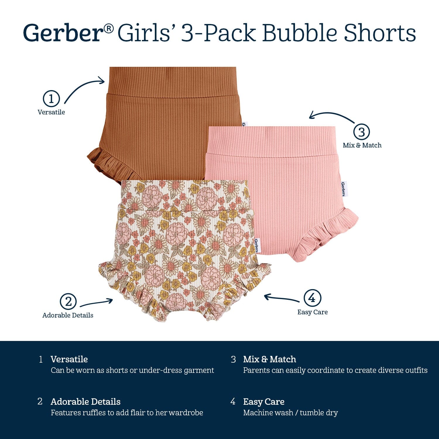 3-Pack Baby Girls Brown, Pink, & Garden Floral Bloomer Shorts