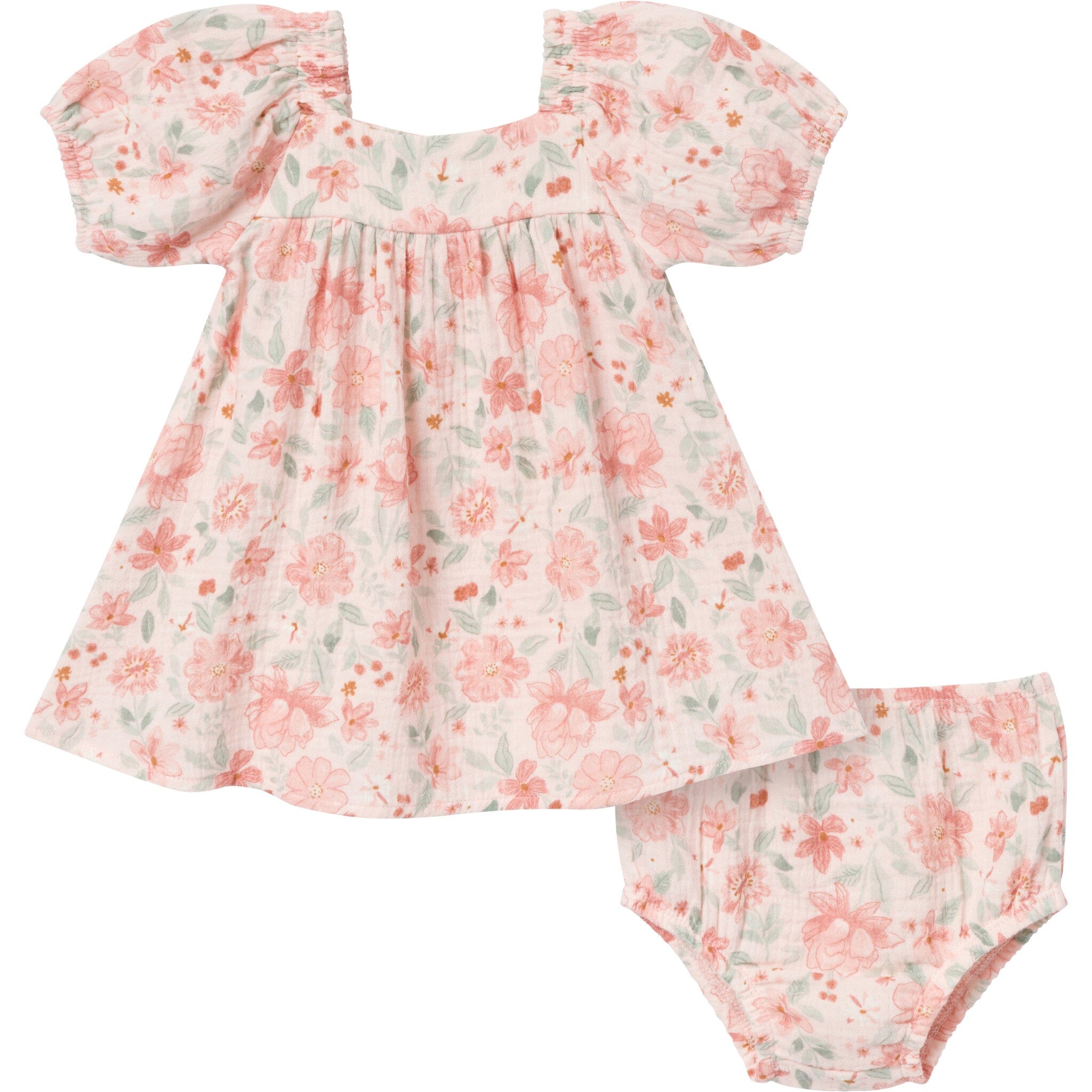 2-Piece Baby Girls Light Rose Watercolor Floral Puffed Sleeve Dress and Diaper Cover