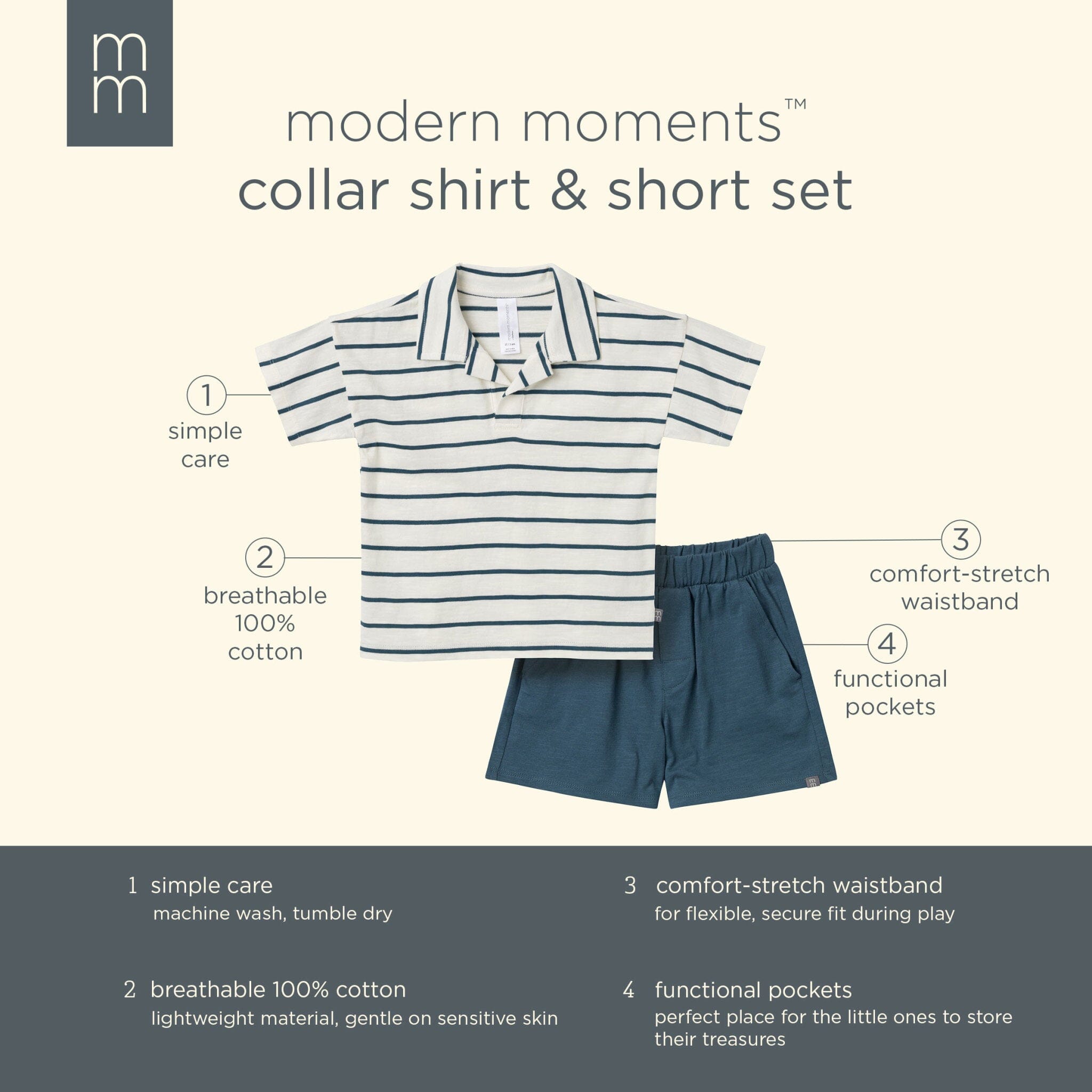 2-Piece Toddler Boys Ivory Stripe Johnny Collar and Shorts Set