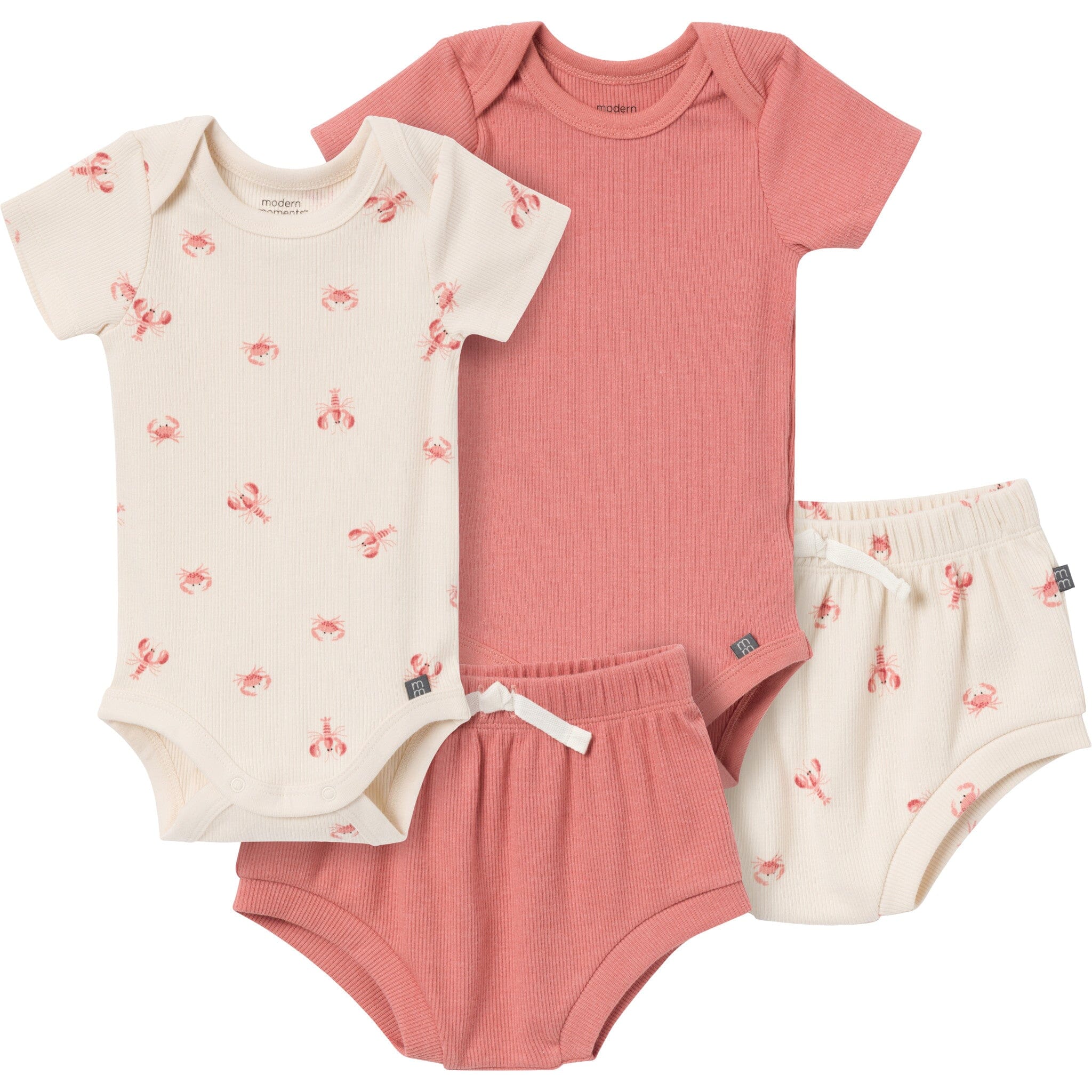 4-Pack Baby Neutral Beige Lobster Short Sleeve Bodysuits and Shorts Set