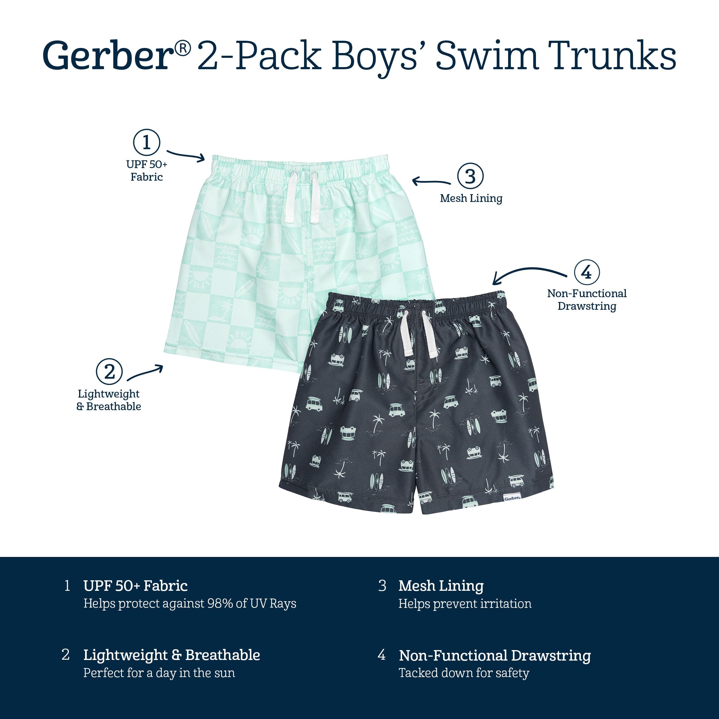 2-Pack Baby & Toddler Boys UPF 50+ Surf Swim Trunks