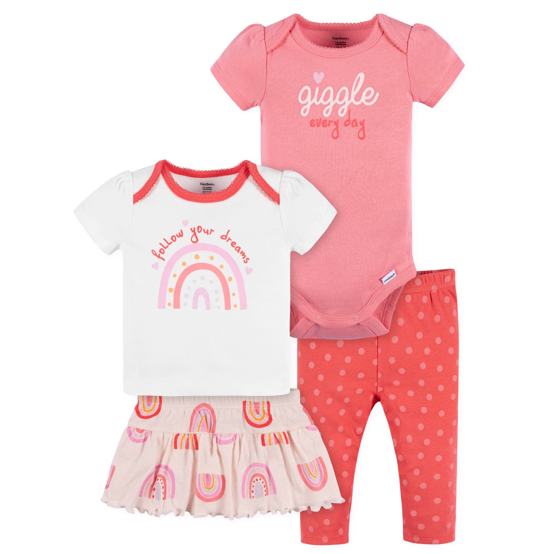 4-Piece Baby Girls Rainbow Dreams Onesies Bodysuit, Tee, Skort & Pant Set