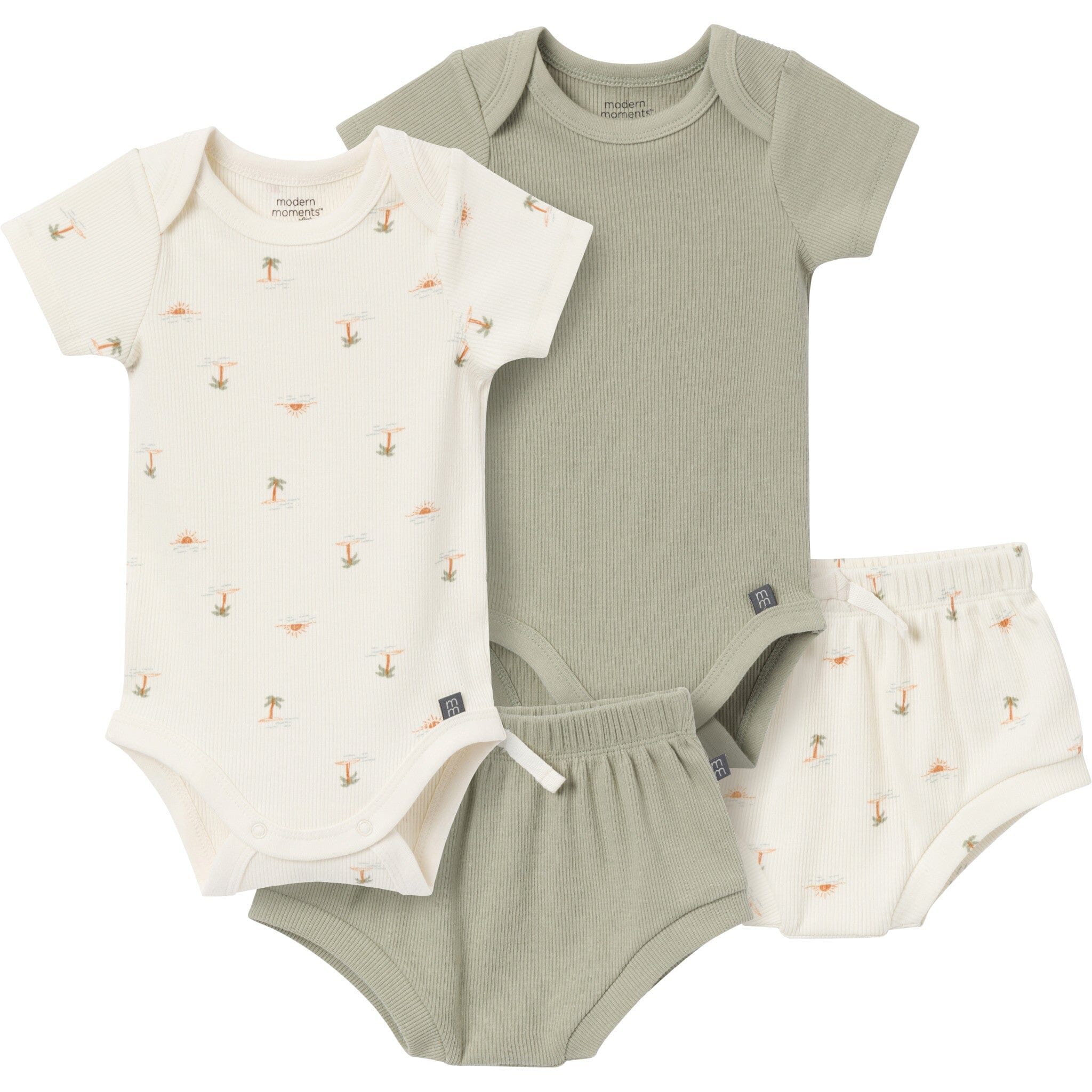 4-Pack Baby Neutral Ivory Mini Island Short Sleeve Bodysuits and Shorts Set