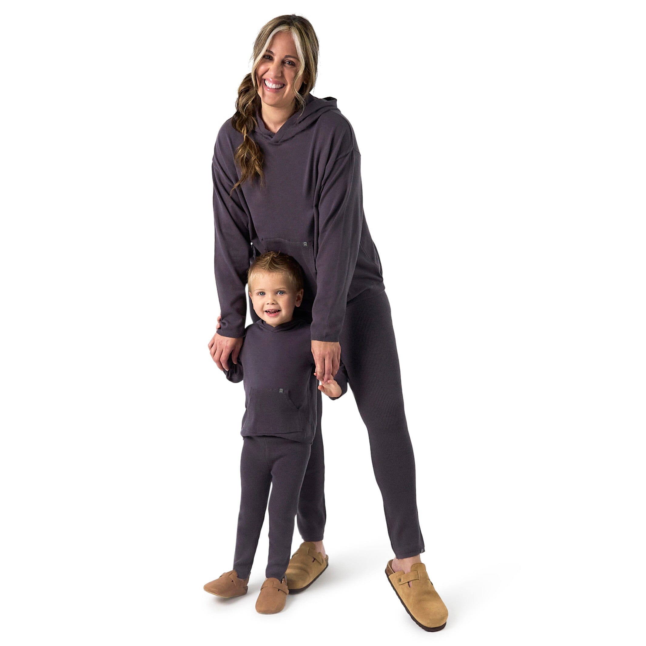 Mommy & Me 2-Piece Dark Grey Hooded Waffle Top & Legging Bundle