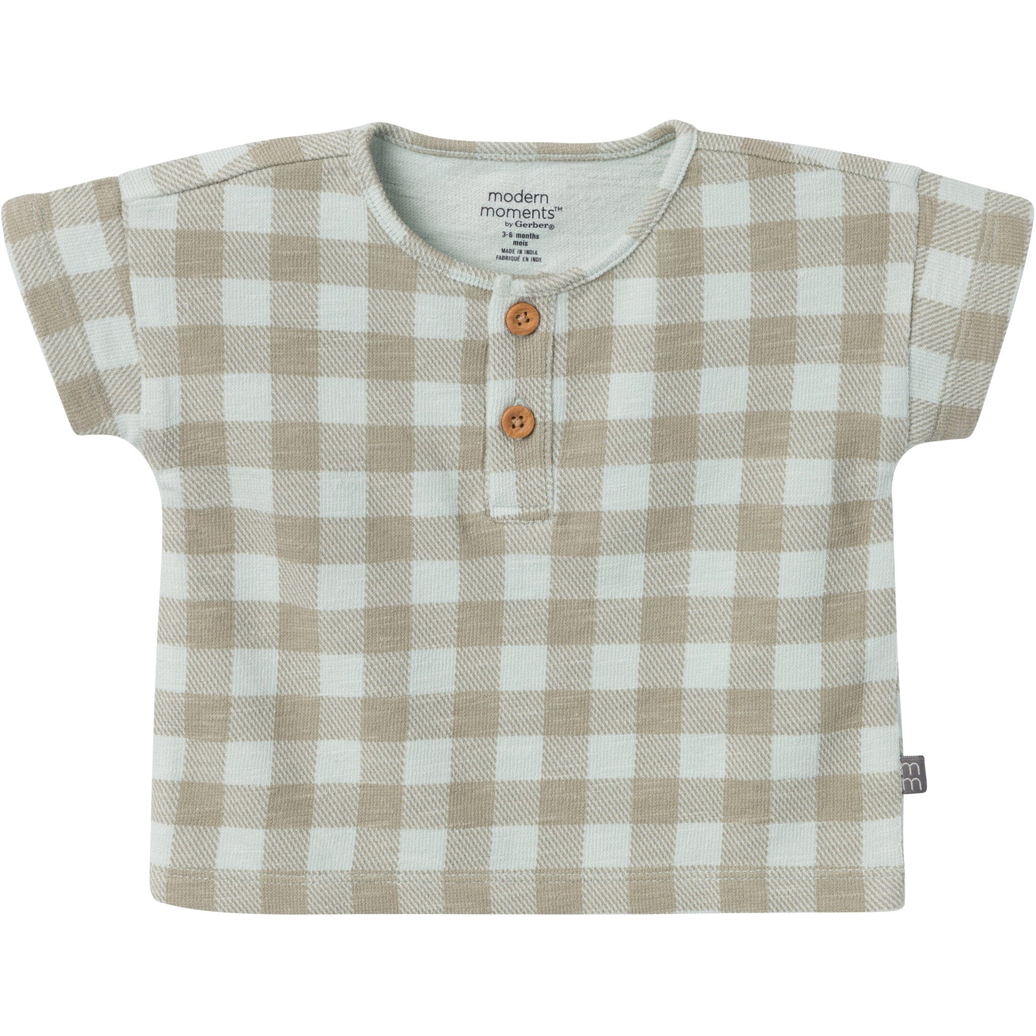 2-Piece Baby Boys Light Sky Gingham Henley Shirt and Shorts Set