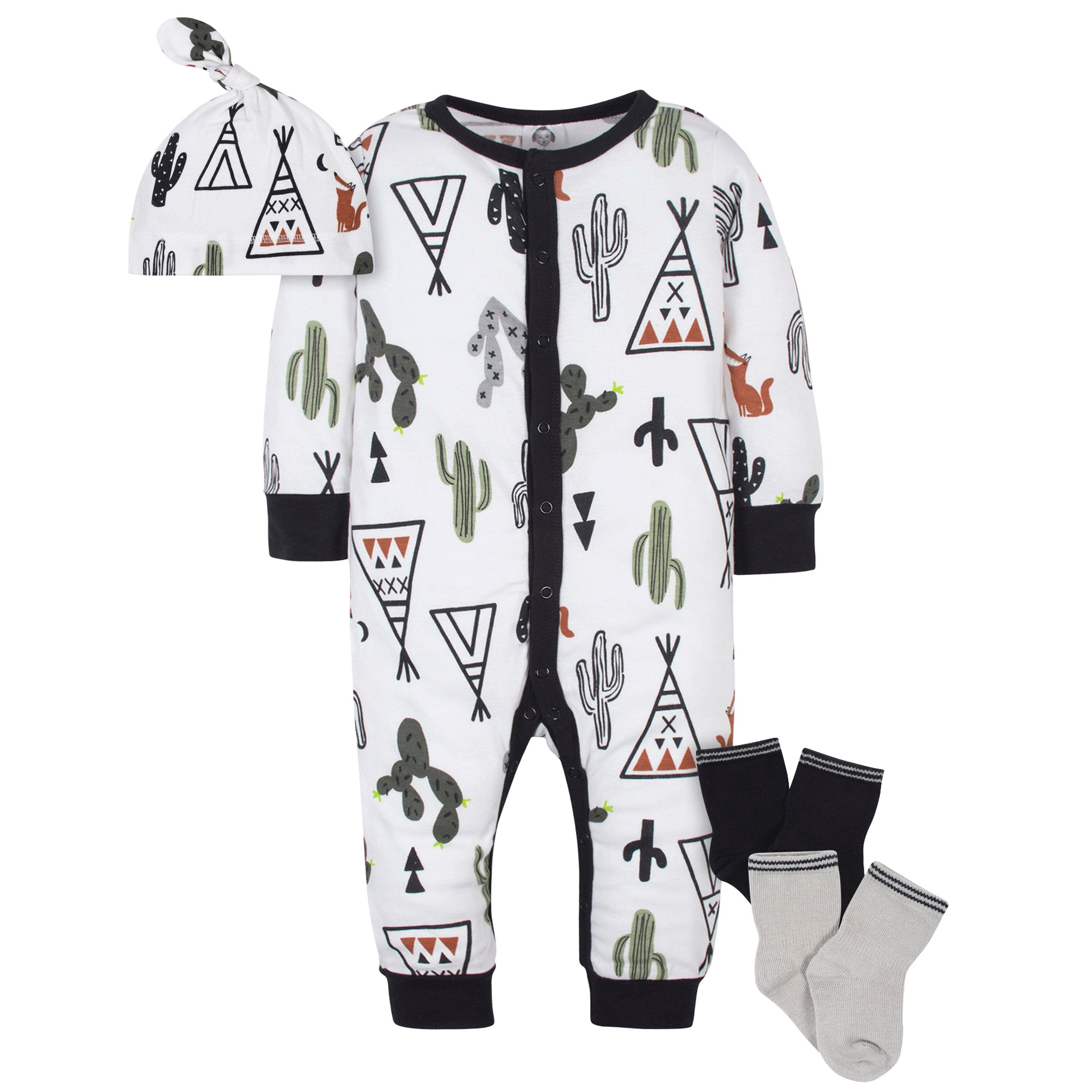 4-Piece Baby Boys Desert & Stripes Coverall, Cap, & Wiggle-Proof Socks