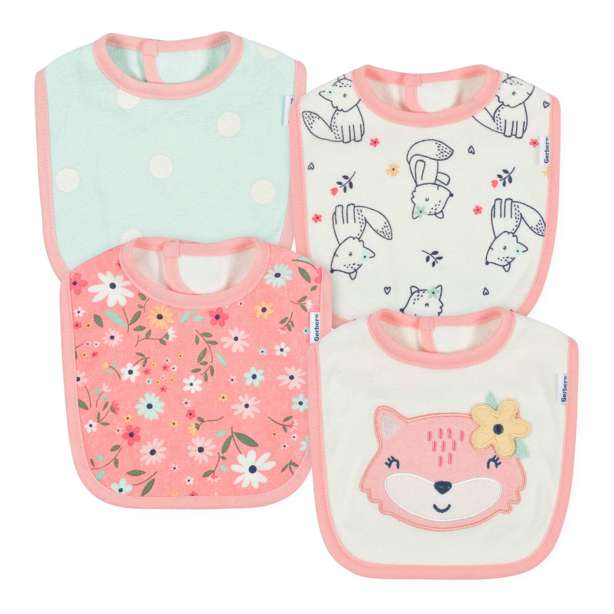 4-Pack Baby Girls Fox Dribbler Bibs