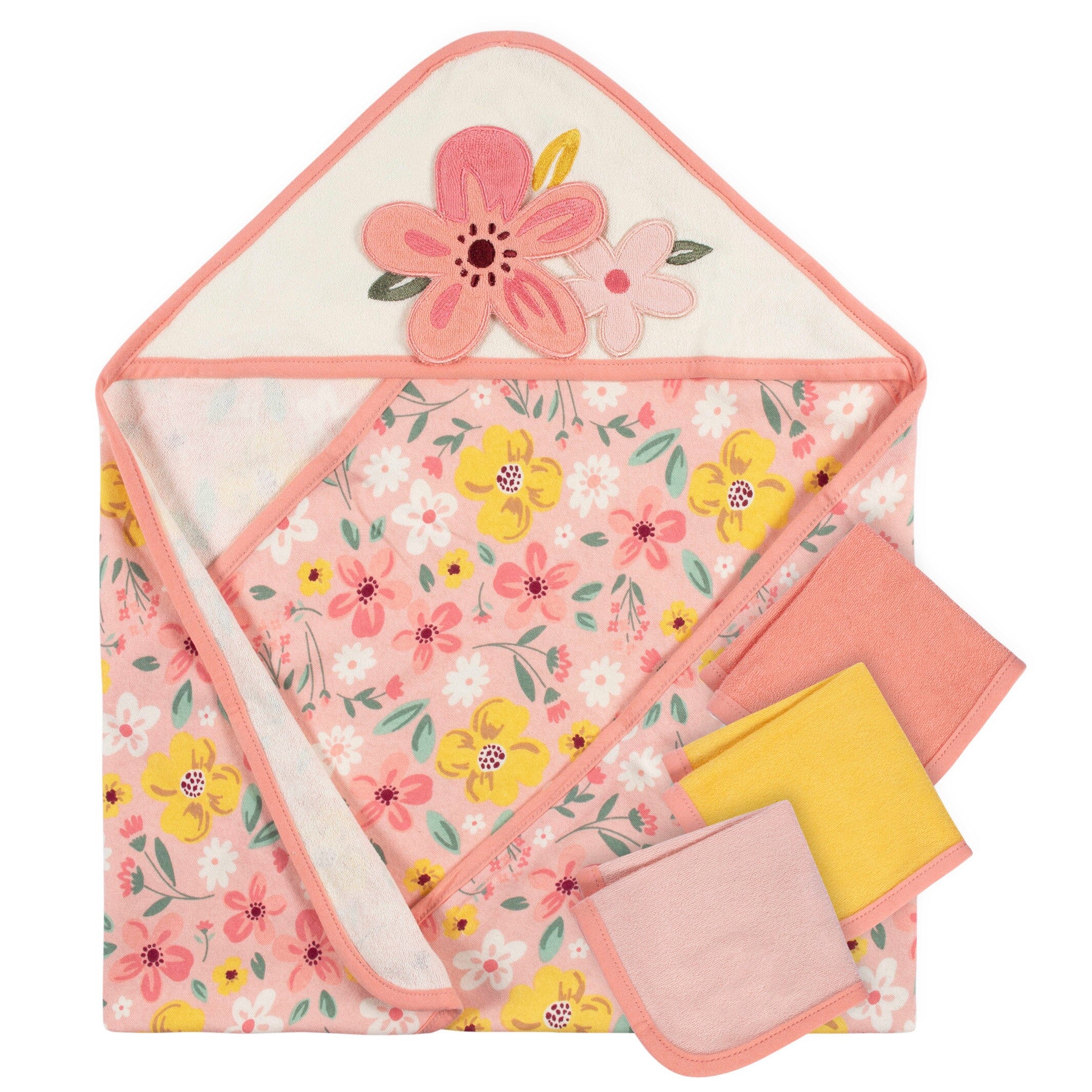 4-Piece Baby Girls Kitty Floral Hooded Towel and Washcloths