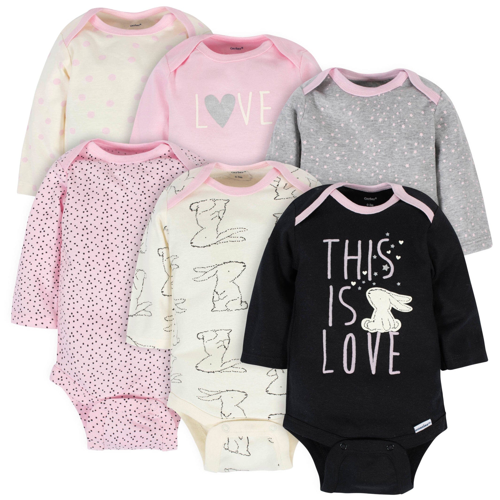 6-Pack Baby Girls Bunny Long Sleeve Onesies Bodysuits