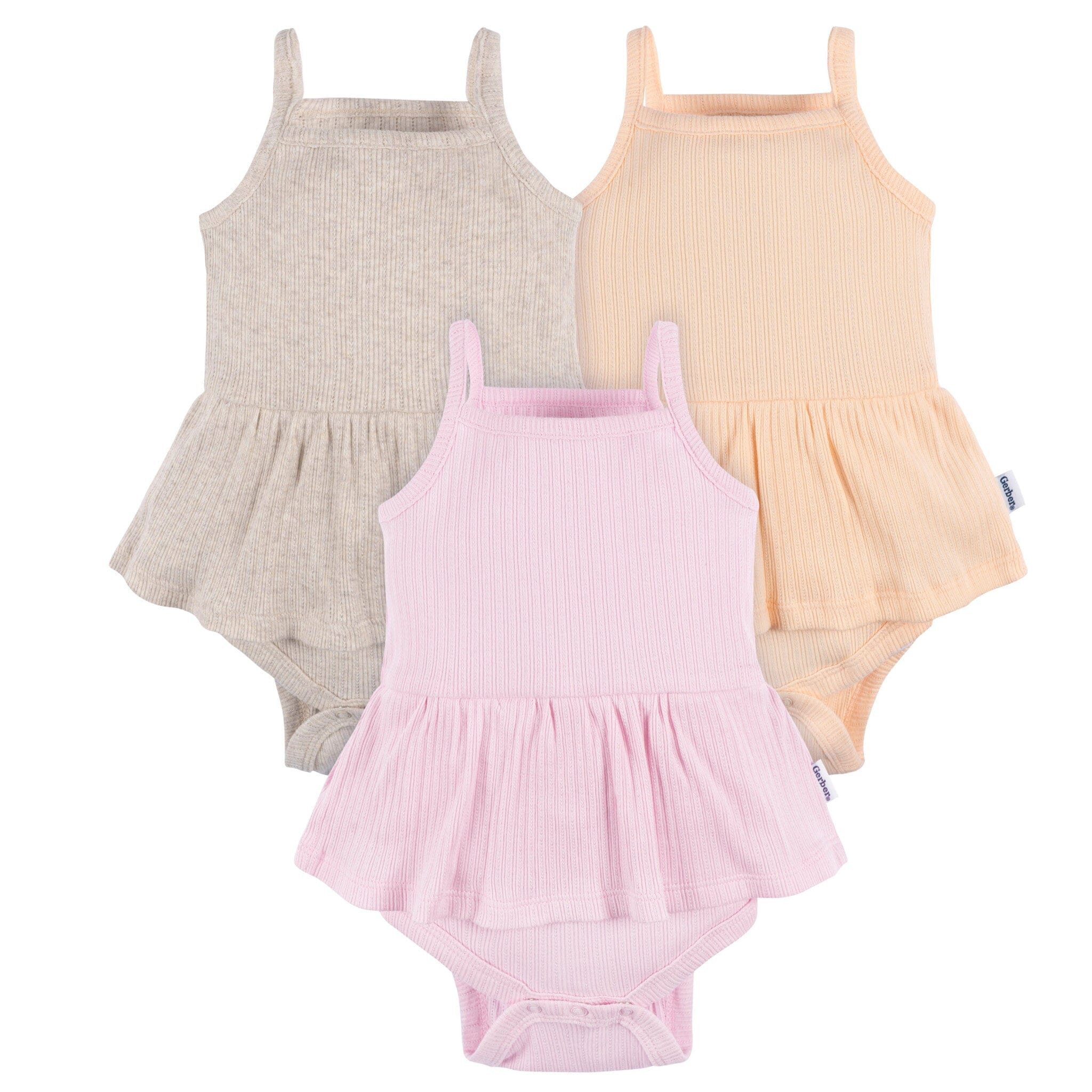 3-Pack Baby Girls Purple, Oatmeal, & Peach Sleeveless Skirted Onesies Bodysuits