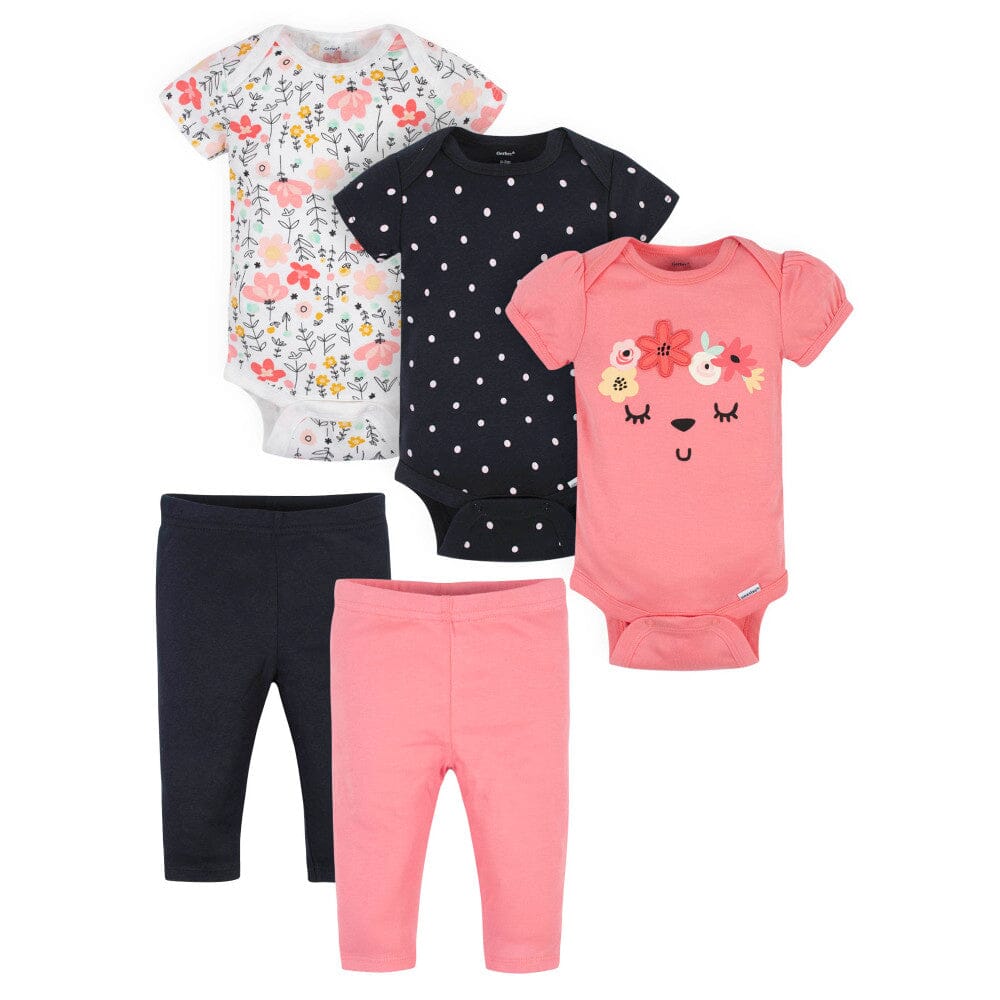 5-Piece Baby Girls Garden Floral Onesies Bodysuits & Pants Sets