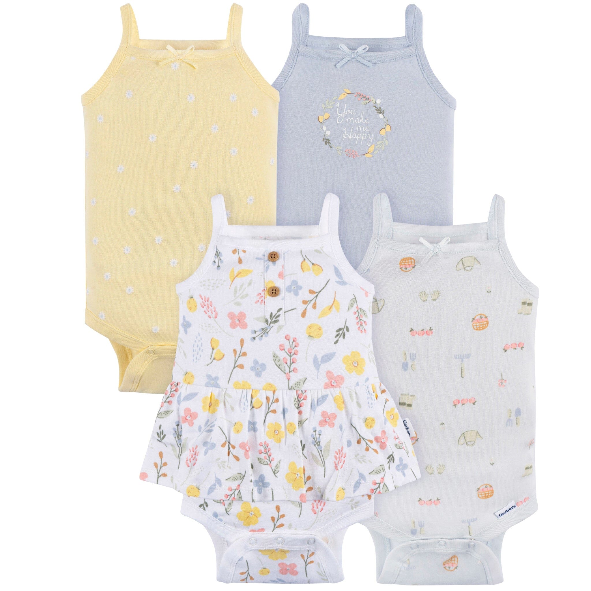 4-Pack Baby Girls White Floral Sleeveless Onesies Bodysuits