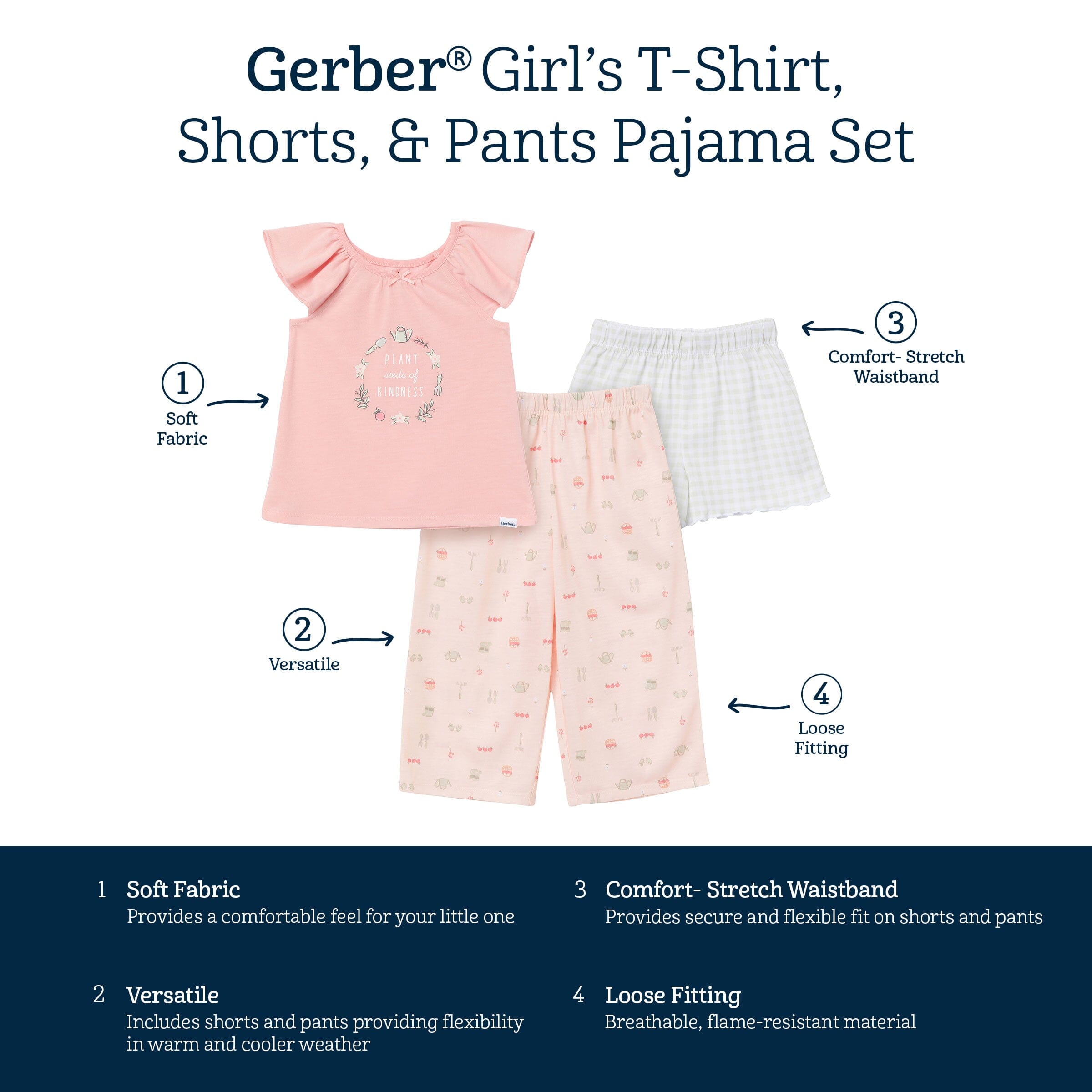 3-Piece Toddler Girls Gardening T-Shirt, Shorts & Pants Pajama Set