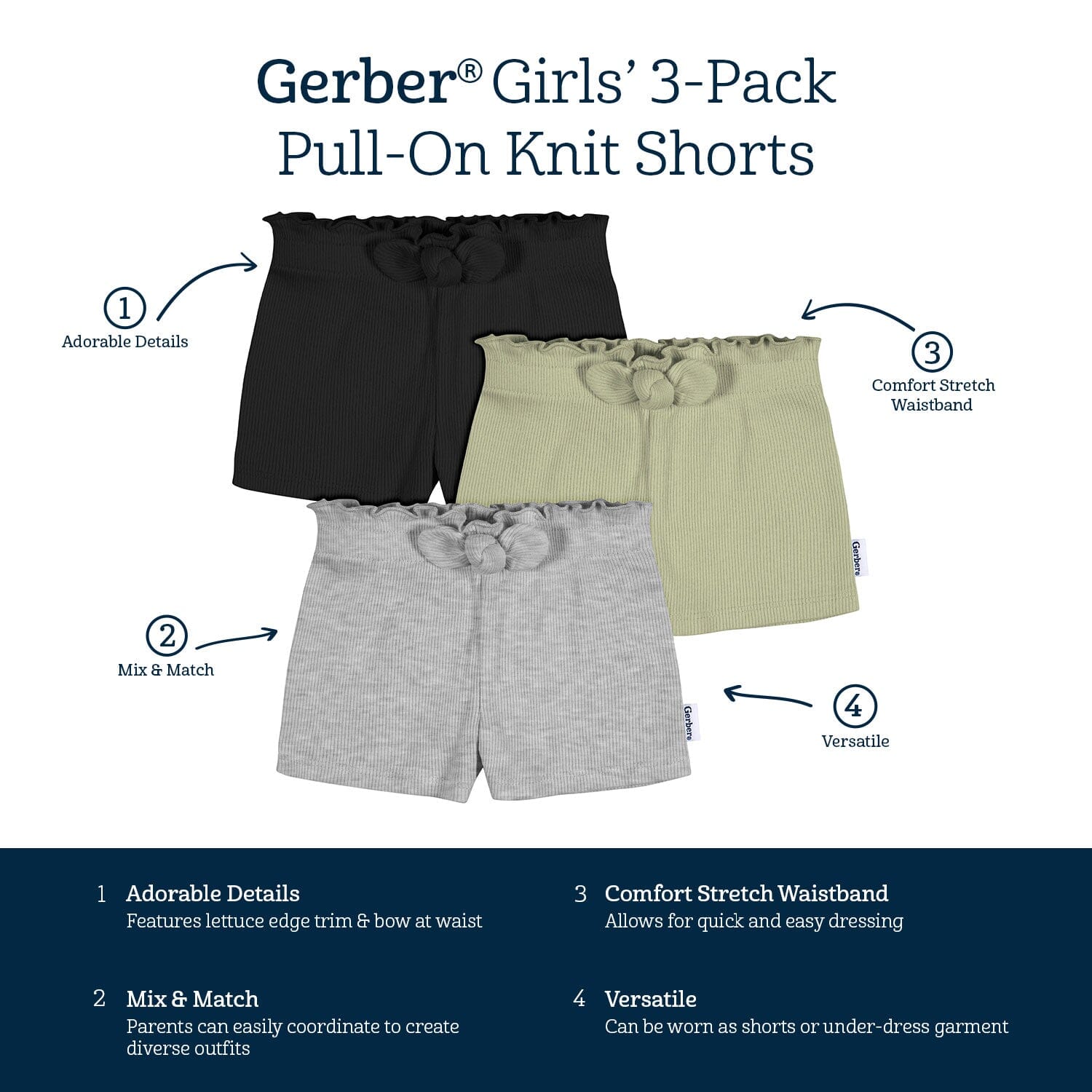 3-Pack Baby & Toddler Girls Black, Green, & Grey Heather Pull-On Knit Shorts