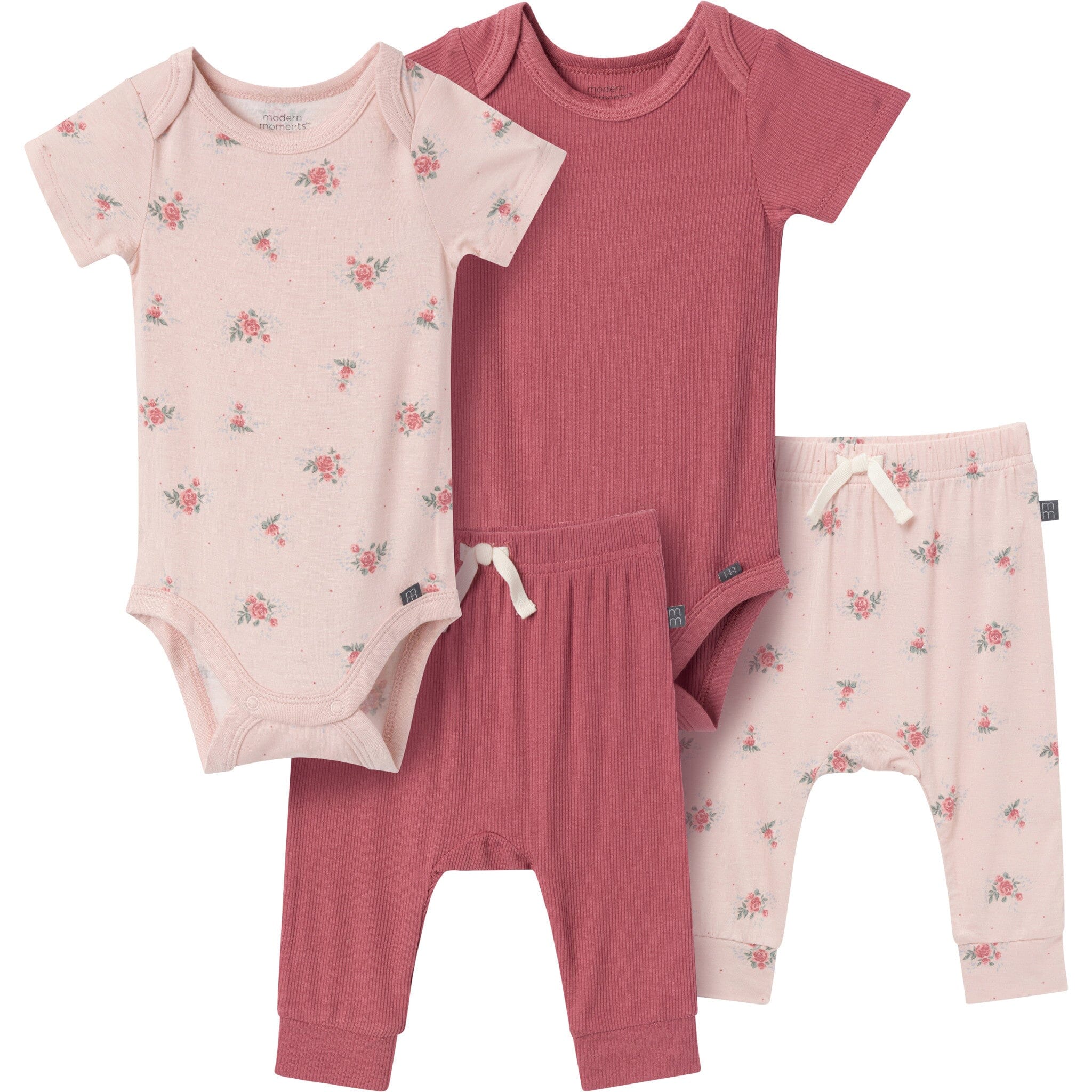 4-Pack Baby Girls Pink Roses Bodysuit and Pant Set