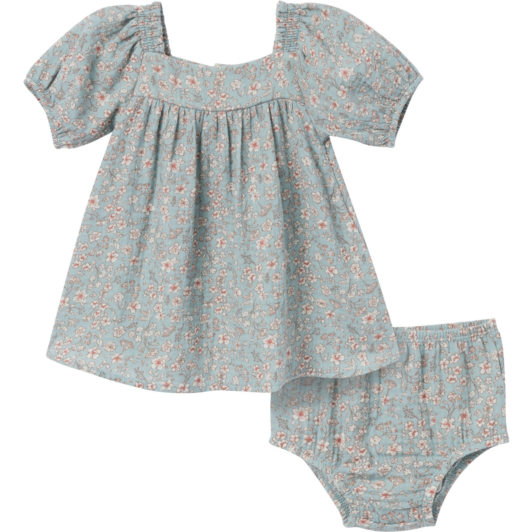 2-Piece Baby Girls Teal Ditsy Puffed Sleeve Dress and Diaper Cover