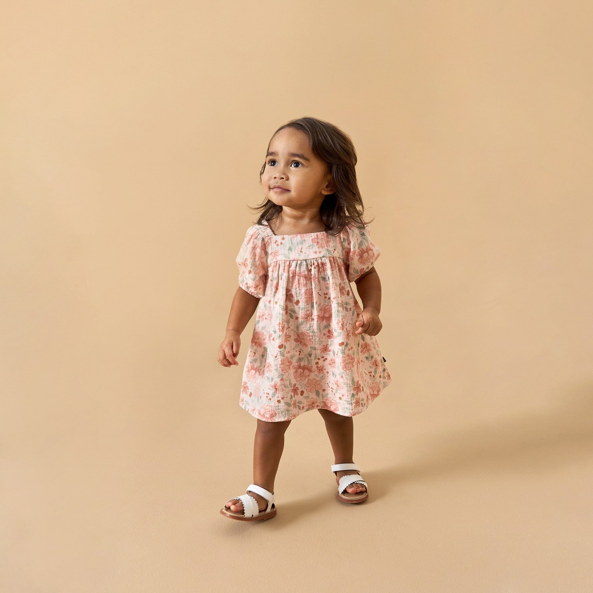 2-Piece Baby Girls Light Rose Watercolor Floral Puffed Sleeve Dress and Diaper Cover