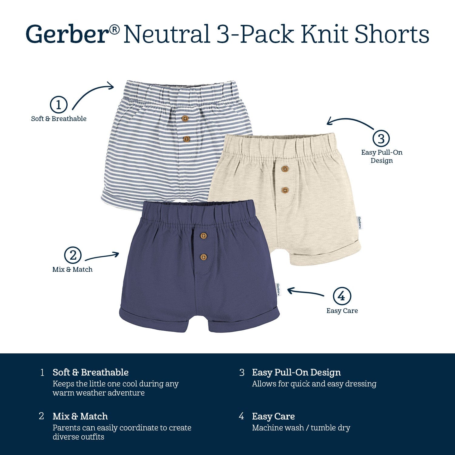 3-Pack Baby Neutral Navy Stripe, Oatmeal, & Navy Knit Shorts