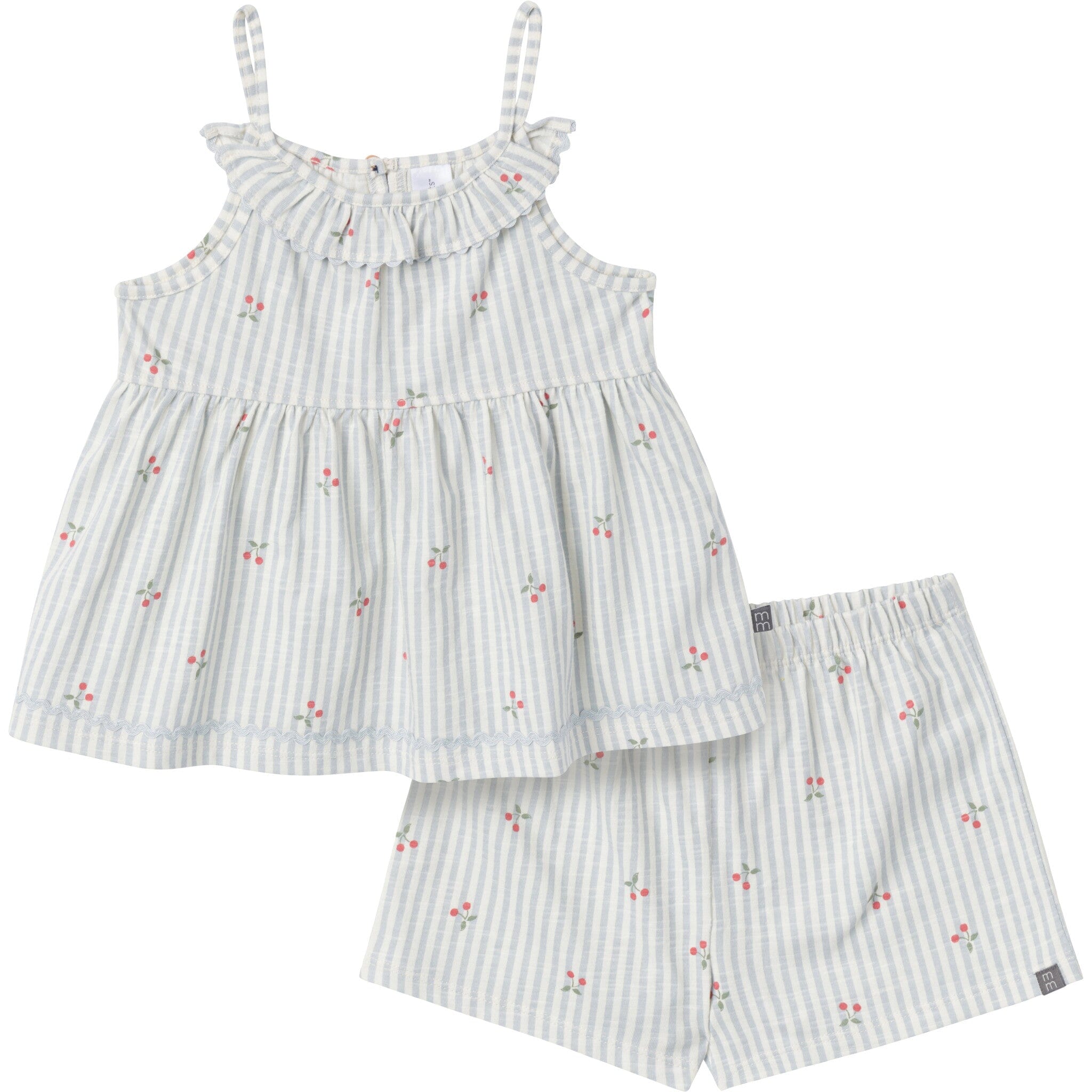 2-Piece Infant & Toddler Girls Light Blue Cherry Stripes Ruffle Top and Shorts Set