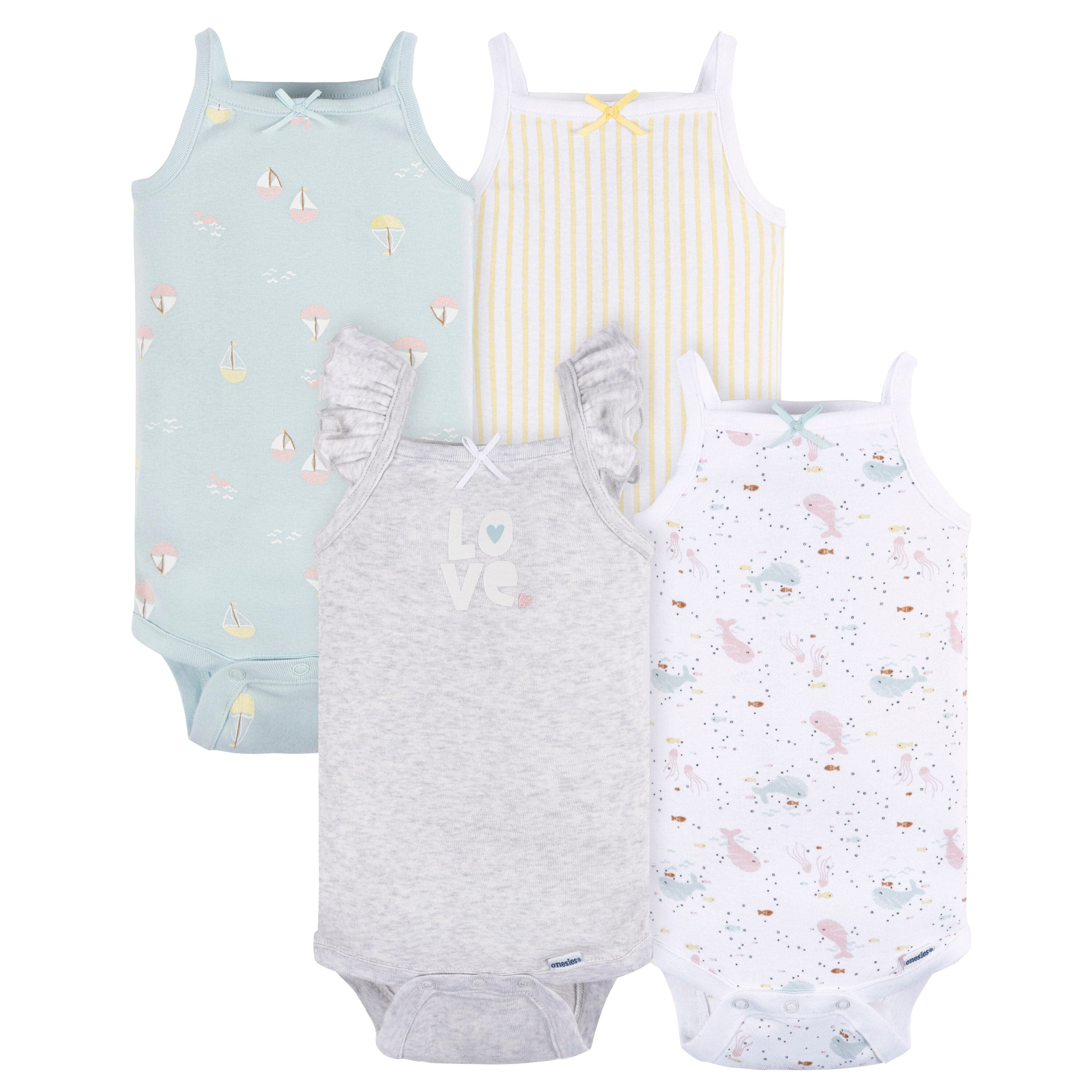 4-Pack Baby Girls Seaside Sleeveless Onesies Bodysuits